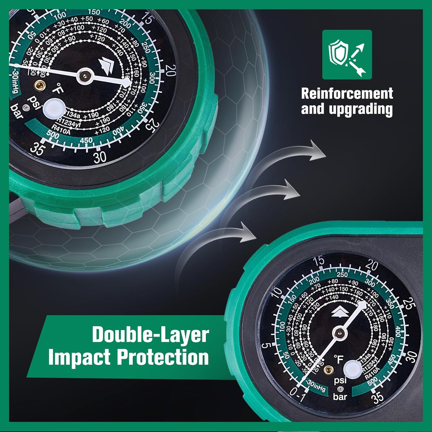 Hong Sen Automotive AC Manifold Gauge Set, R1234yf and R134a Car Air Conditioning Recharge Kit, 800 PSI Dual-Scale HVAC Gauges with 5FT Hoses, Quick Couplers, Adapters, and Carrying Case