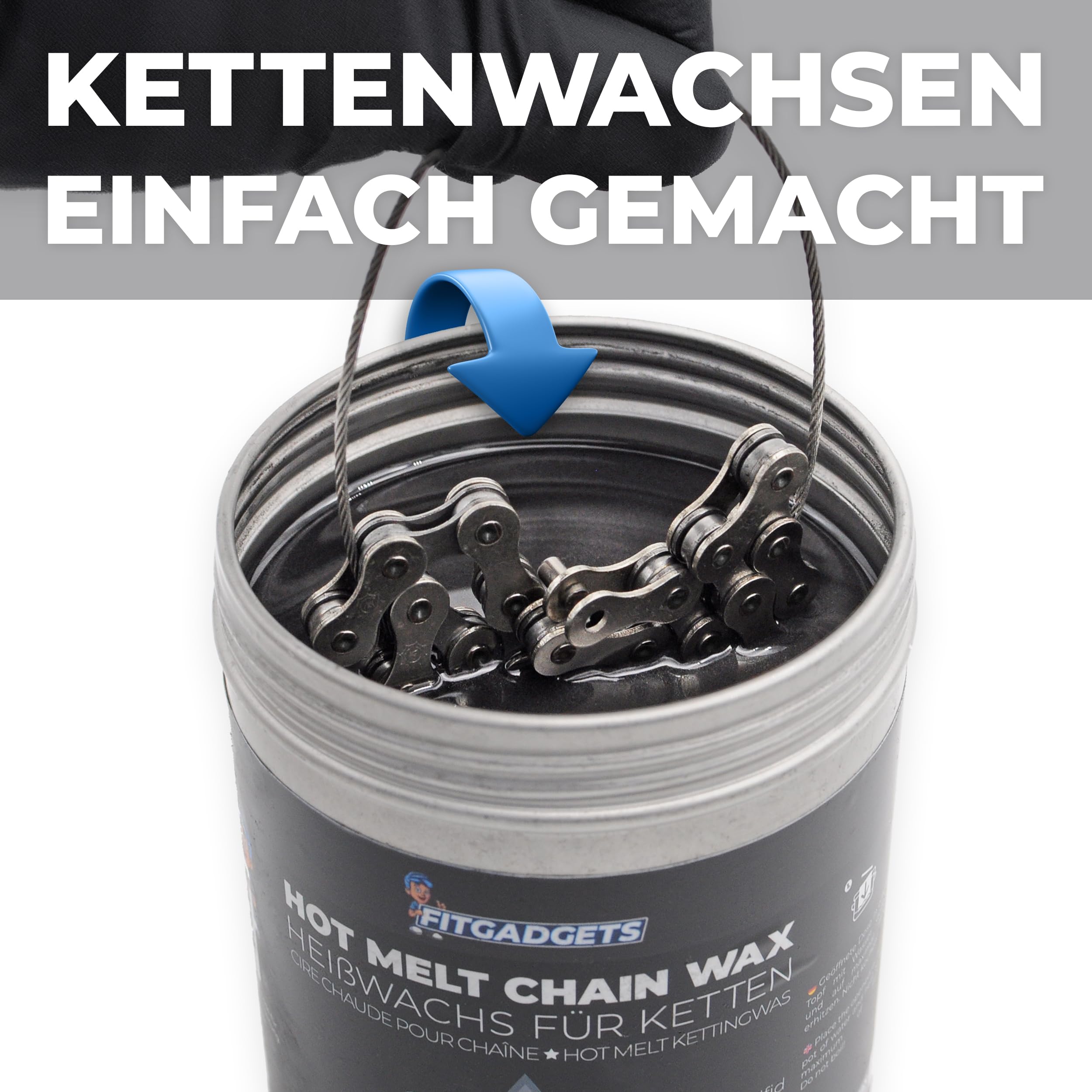 OH3 Fitgadgets Wosk do rozgrzewania łańcucha rowerowego w pudełku z ciepłym woskiem – Z 3 uchwytami na łańcuch – 350 g wosku Hot Melt Chain z grafitem i siarczkie tungstowym – Smar woskowy