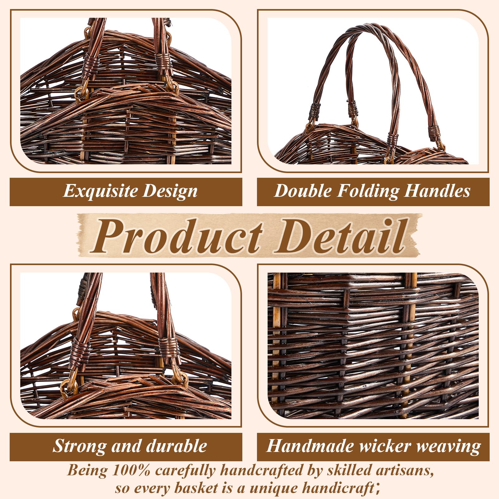 Juexica Weidenkorb mit Griff, 2 Größen, handgewebt, Erntekorb, antiker Sammelkorb für Ostern, Garten, Picknick, Blumen, Obst, Aufbewahrung, Organisation, Geschenk, Dunkelbraun, 2 Stück