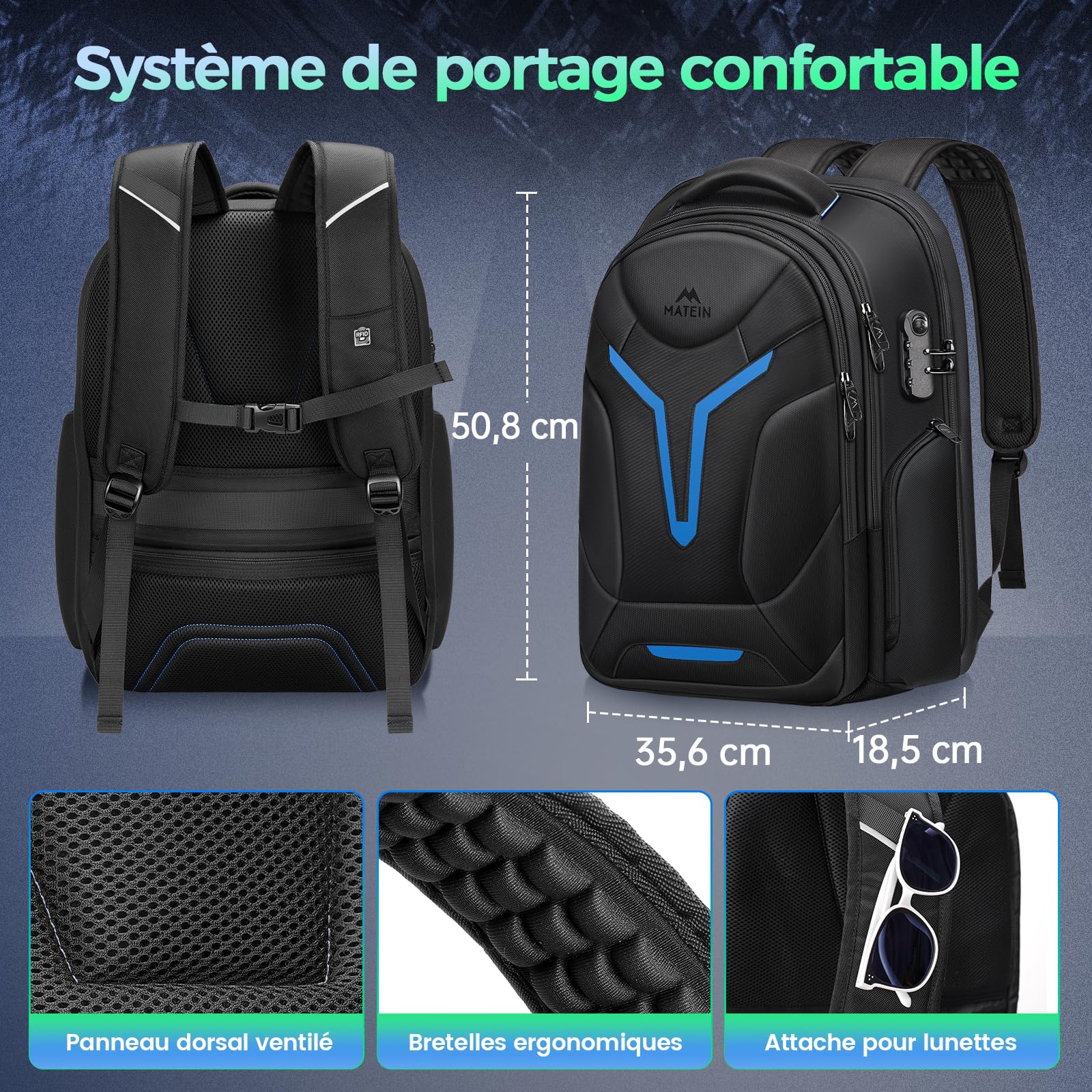 MATEIN Sac à Dos Ordinateur 18 Pouces, Sac a Dos PC Portable Gaming, Noir | Grand Sac à Dos Gaming pour Homme avec Housse de Pluie, Compartiment Isotherme, Serrure à combinaison, Idée Cadeau pour Gamer