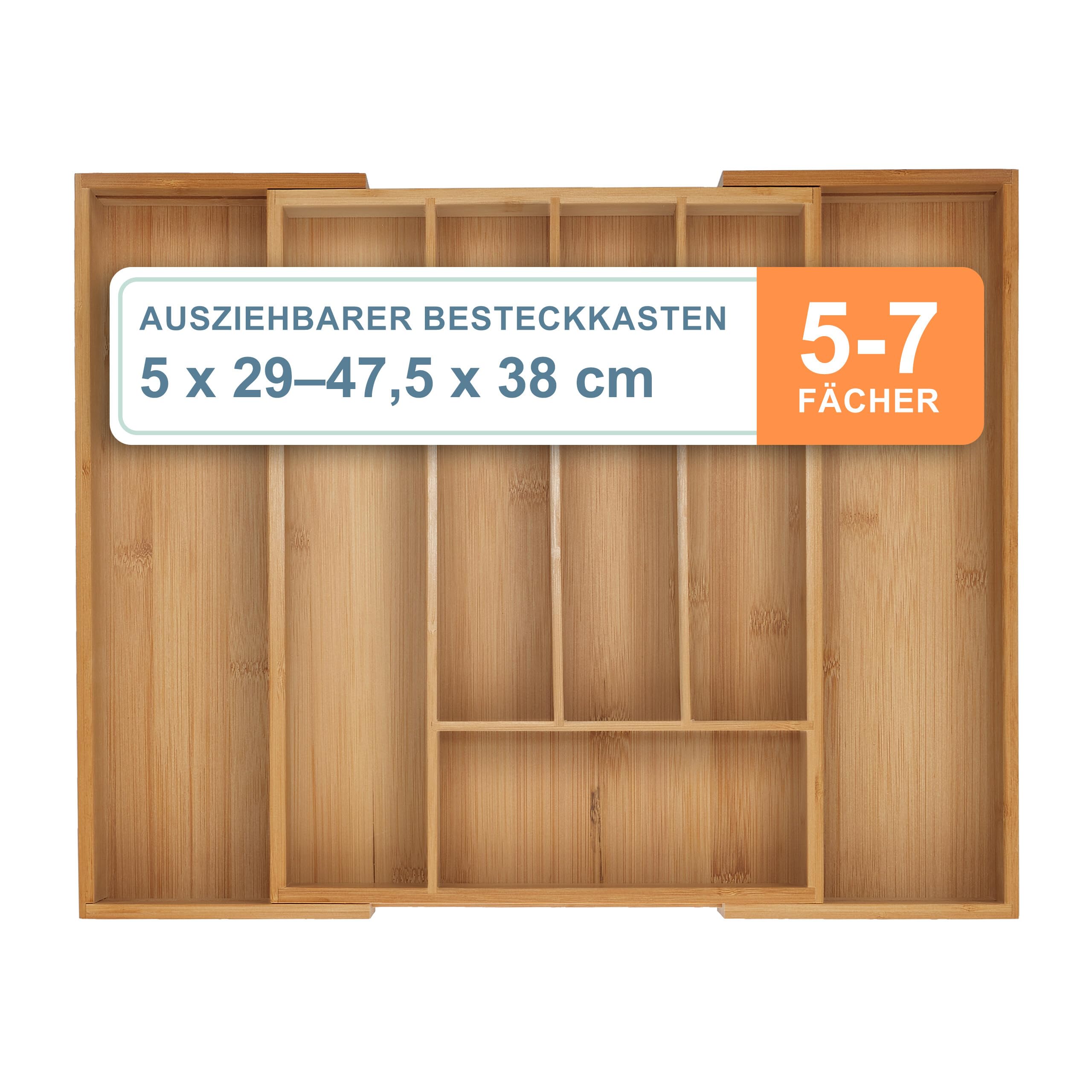 Relaxdays Besteckkasten, 5–7 Fächer, ausziehbarer Besteck Schubladeneinsatz, HxBxT: 5 x 29,5-47,5 x 38 cm, Bambus, Natur