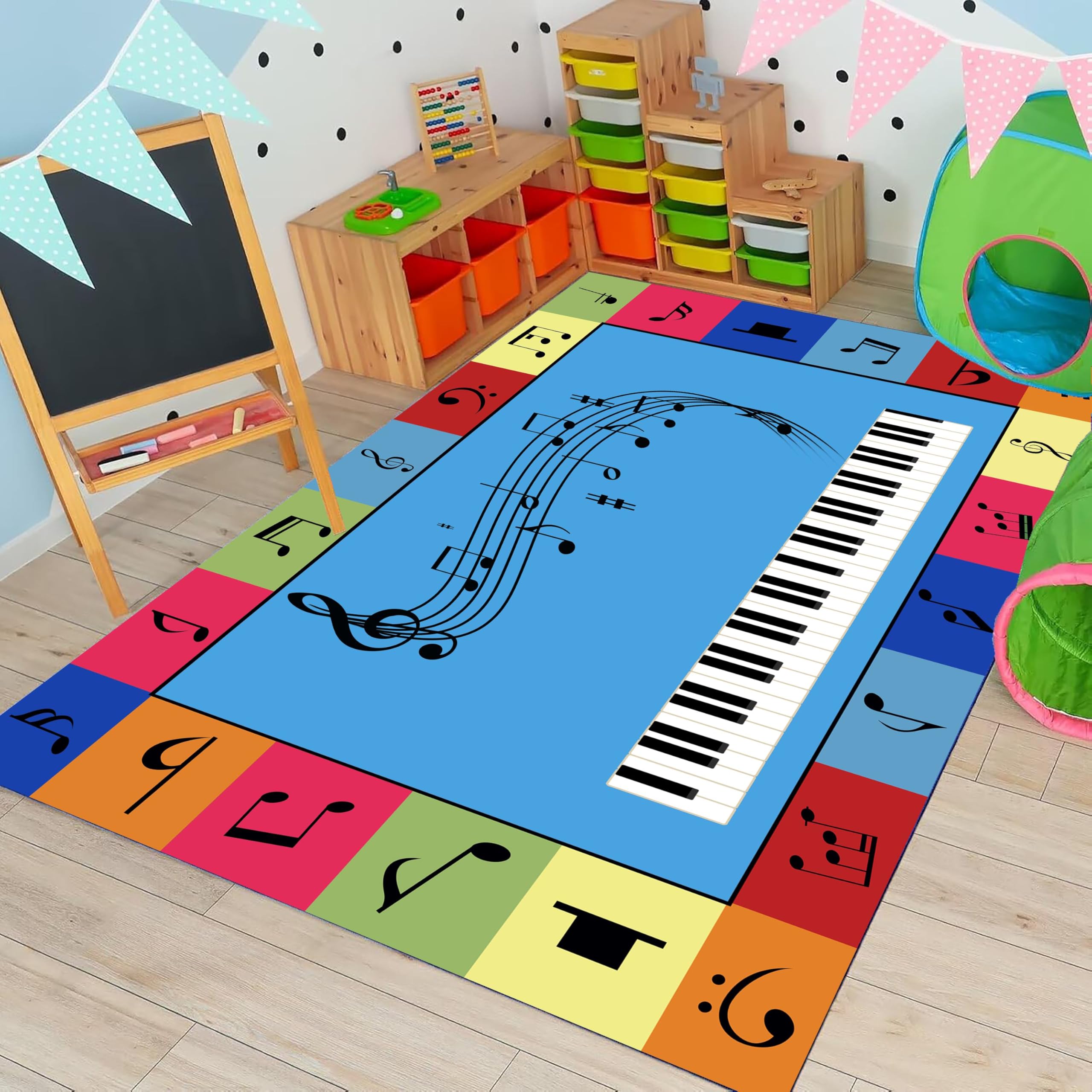 USHIRUG Cute Music Area Rug, 180x230cm Kids Cartoon Colorful Square Piano Note Fun Learning Rugs, Non-Slip Washable Classroom Nursery Play Mat for Boys'and Girls' Bedrooms Playrooms Carpet