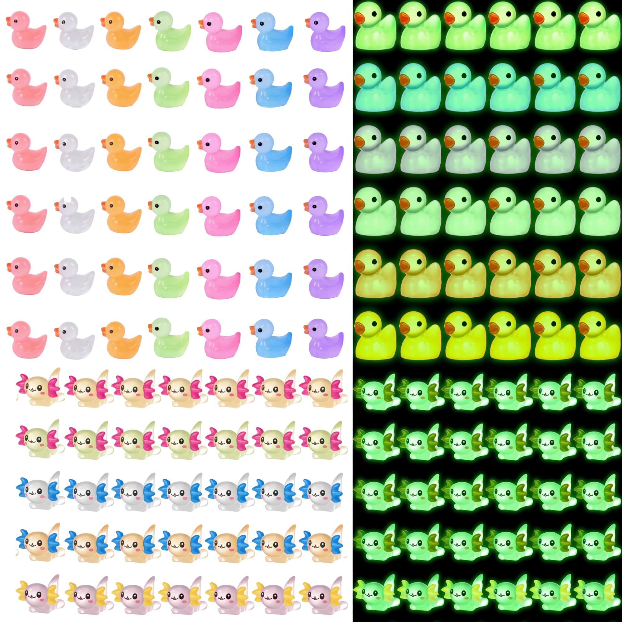 Barydat 50 Pcs Luminous Mini Resin Ducks Axolotls Bulk Glow in The Dark Tiny Ducks Animals Miniature Axolotls Figurines for Hide and See Decor