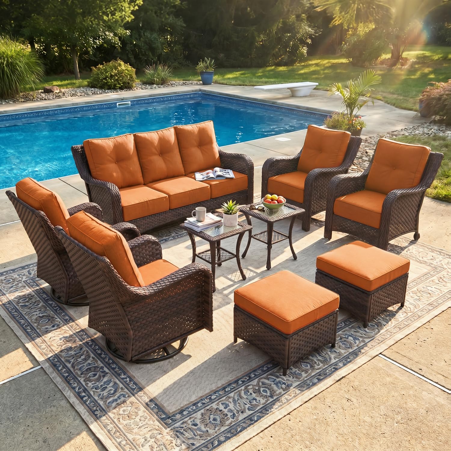 LayinSun 9 Piece Wicker Outdoor Furniture Set with 6-inch Comfy Cushions
