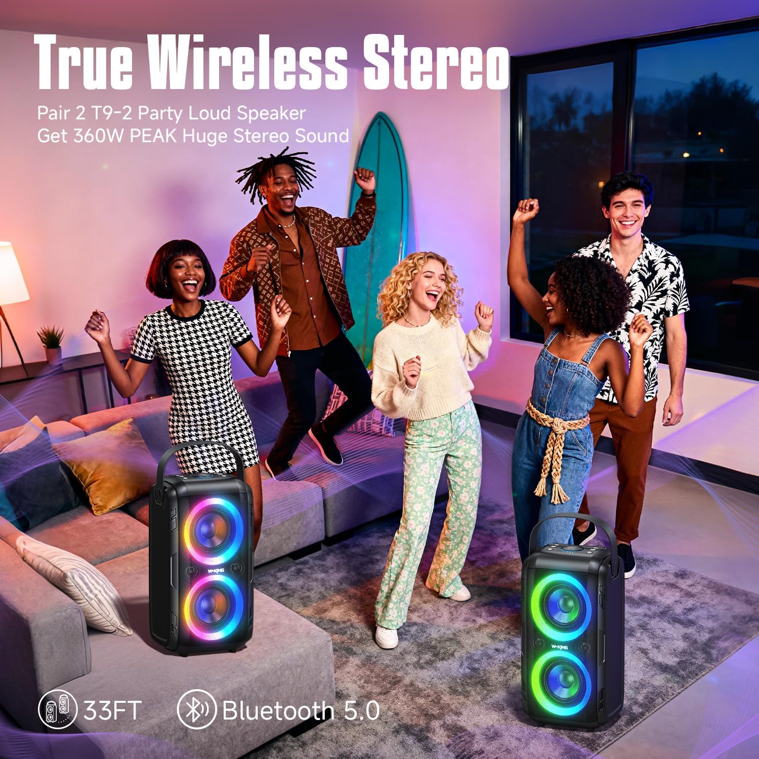 W-KING Enceinte Bluetooth Puissante, (180W MAX)80W Party Haut Parleur Bluetooth Chantier Speaker-Super Bass, énorme Son de 105DB, 4 Pilotes(Woofer 2*4.04''),LED, IPX5, Disque U, 24H, Carte TF, AUX, EQ