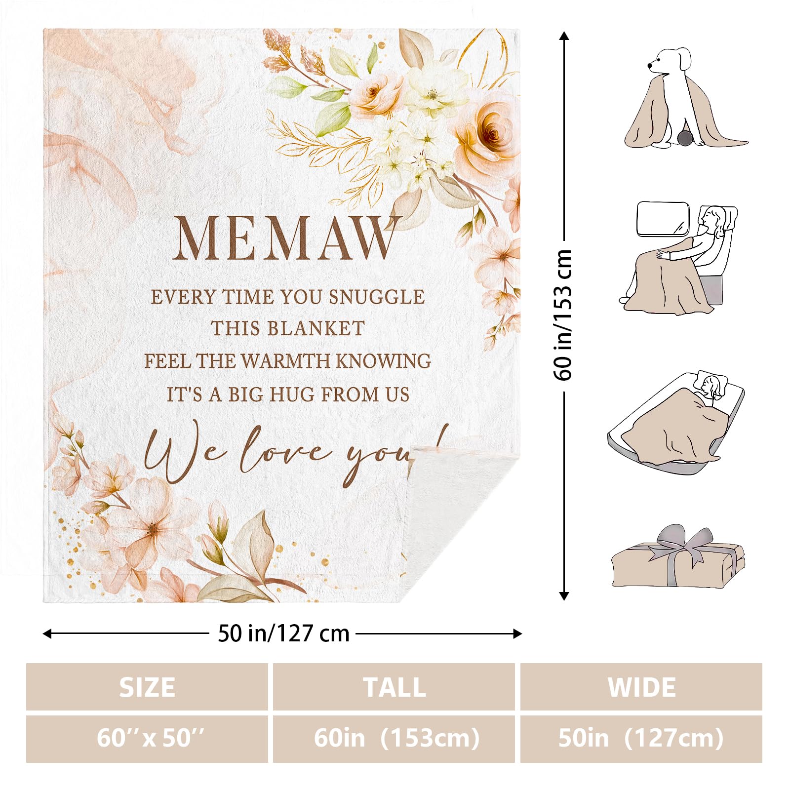 Memaw Gifts, Gifts for Memaw, Memaw Birthday Gifts, Memaw Blanket 60" x 50", Memaw Gifts for Grandma, Memaw Gifts from Grandchildren, Memaw Gifts for Mother's Day, Memaw Gifts for Christmas