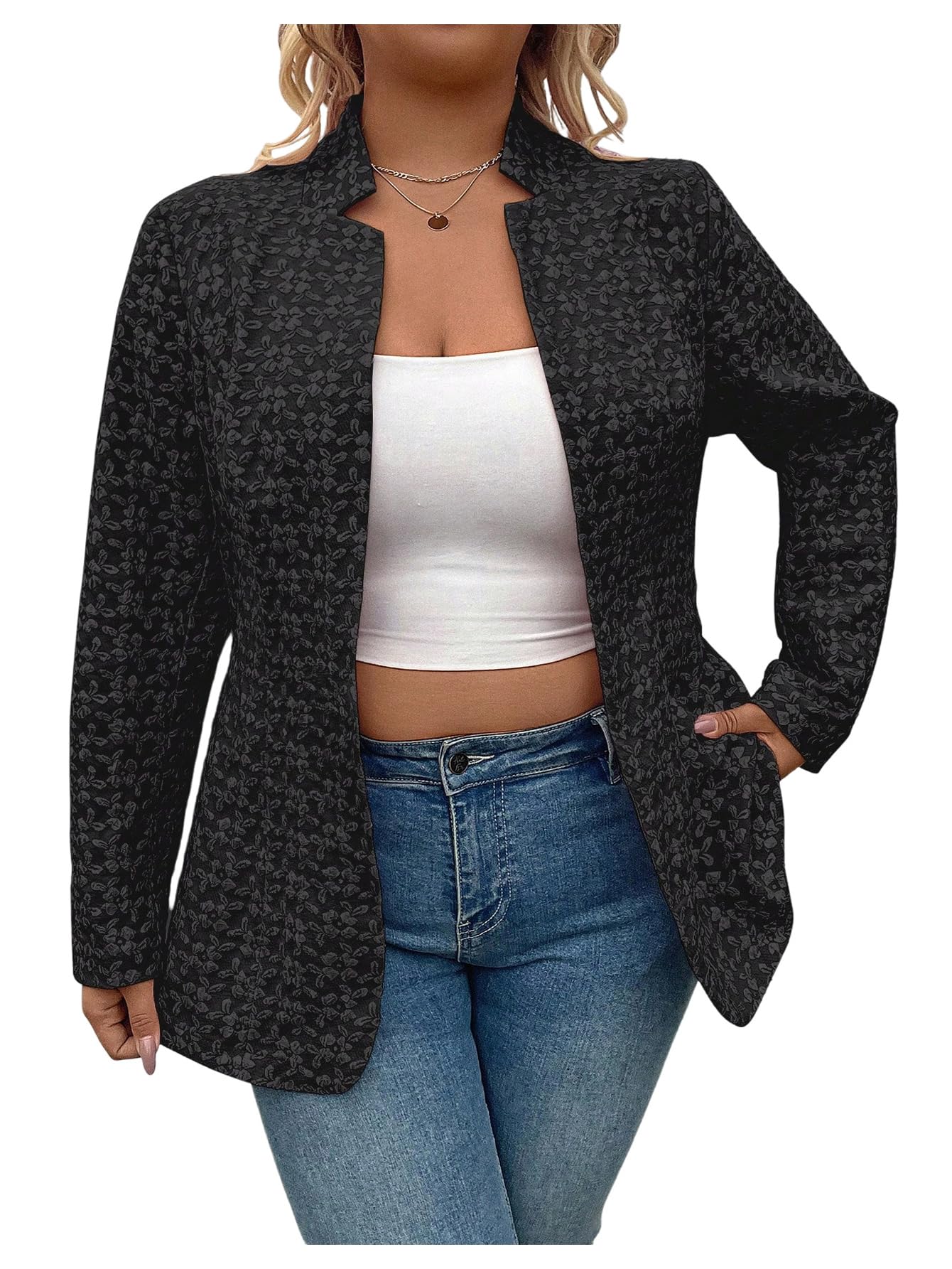 OYOANGLE Womens Plus Size Jacquard Long Sleeve Open Front Blazer Jacket Notch Collar Work Dressy Coat Outerwear