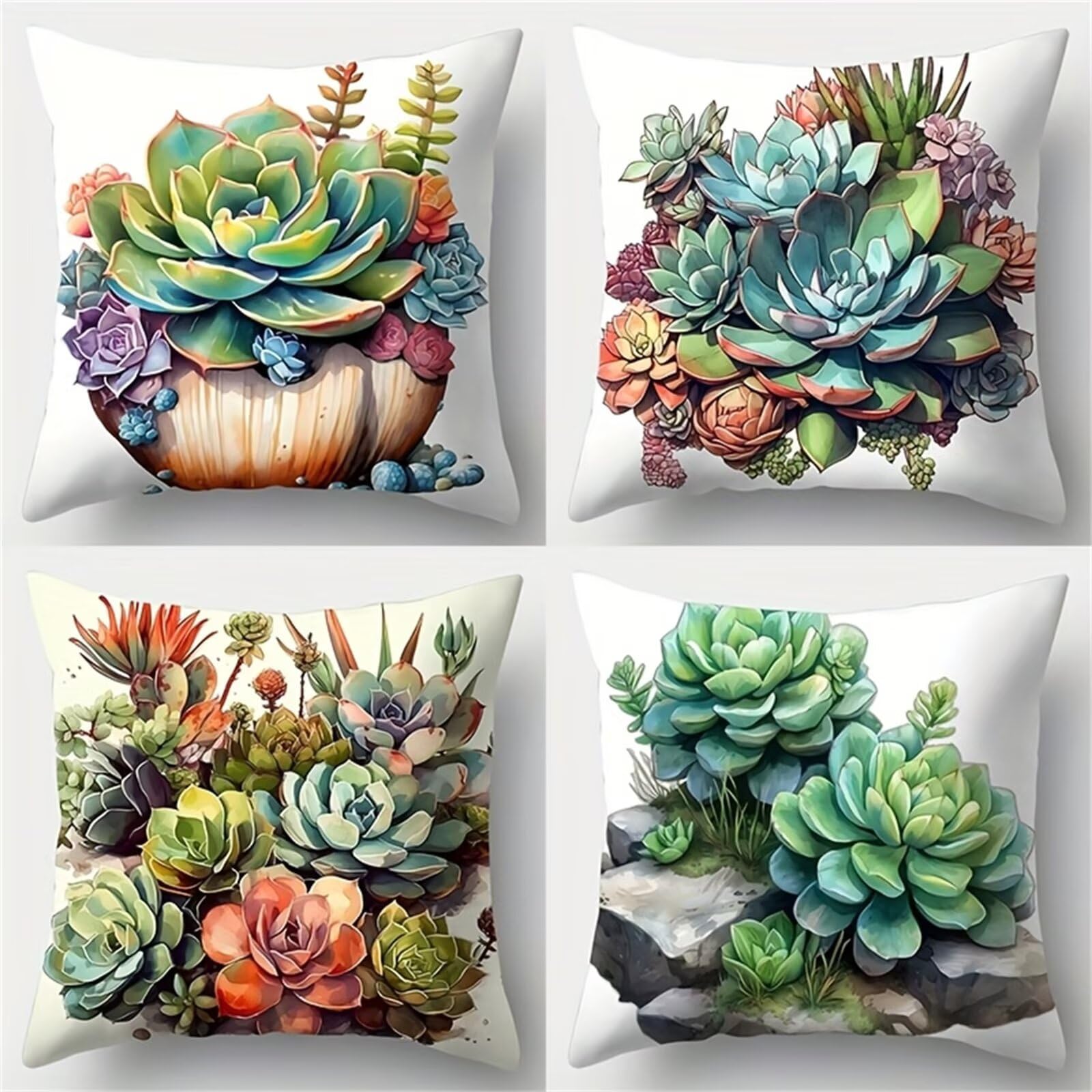 QiHon Green Succulents Cushion Covers 60x60 cm Set of 4, Decorative Throw Pillow Cases, 24x24 inch Square Linen Pillowcases for Sofa Living Room Bedroo