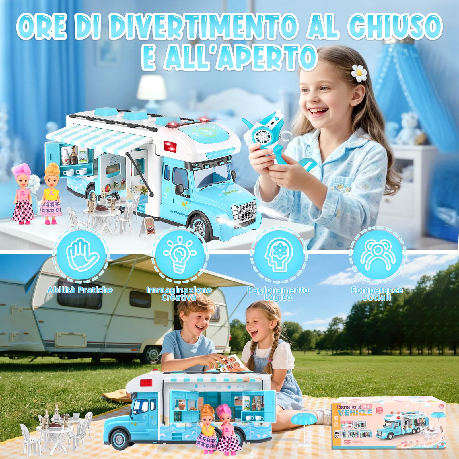 Charmofun Macchina Telecomandata Per Bambina, Auto Radiocomandata Blu Con 2 Bambole, Telecomando, Luci E Suoni, Auto Telecomandato Ragazze 6 -12 Anni, Natale Compleanno Regalo (Blu)