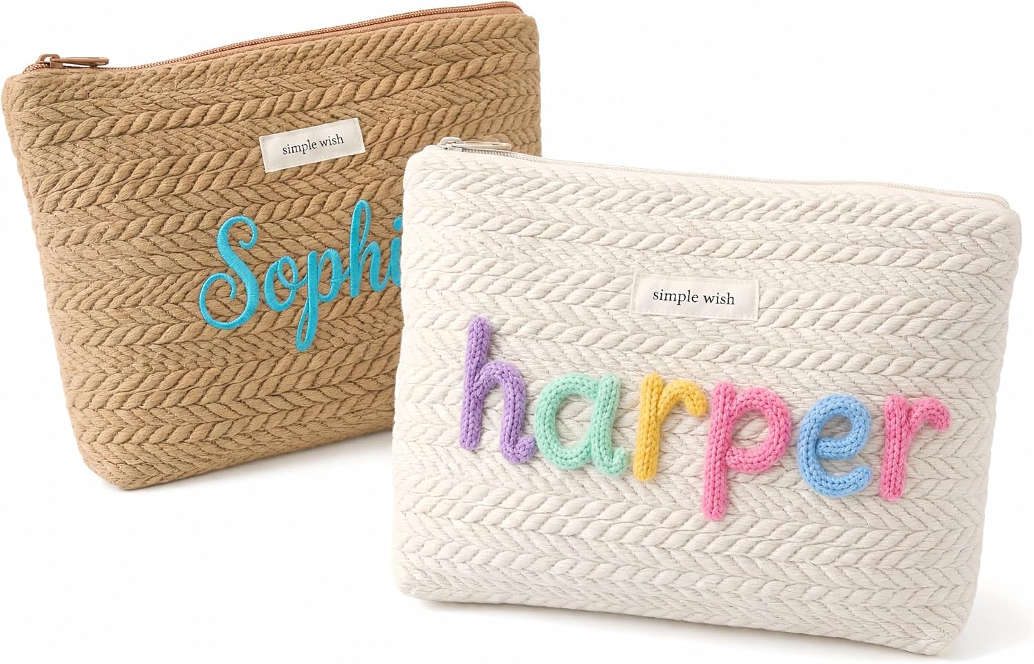 Personalized woven travel makeup bag, with extra-large capacity and thick inner lining, crafted with embroidery technique.