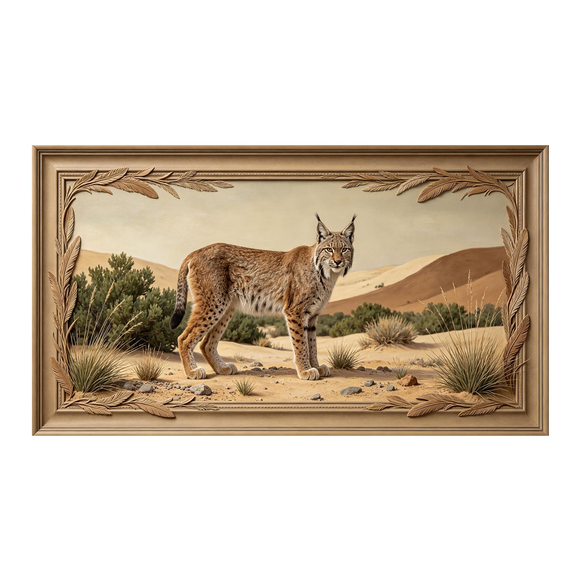 Murasolite 3D 3D Framed Wall Art 50cm×90cm Desert Lynx Wildlife Landscape Oil Painting SelfAdhesive Fabric Mural Wall Decor, Peel and Stick No Damage to Wall for Bedroom Living Room