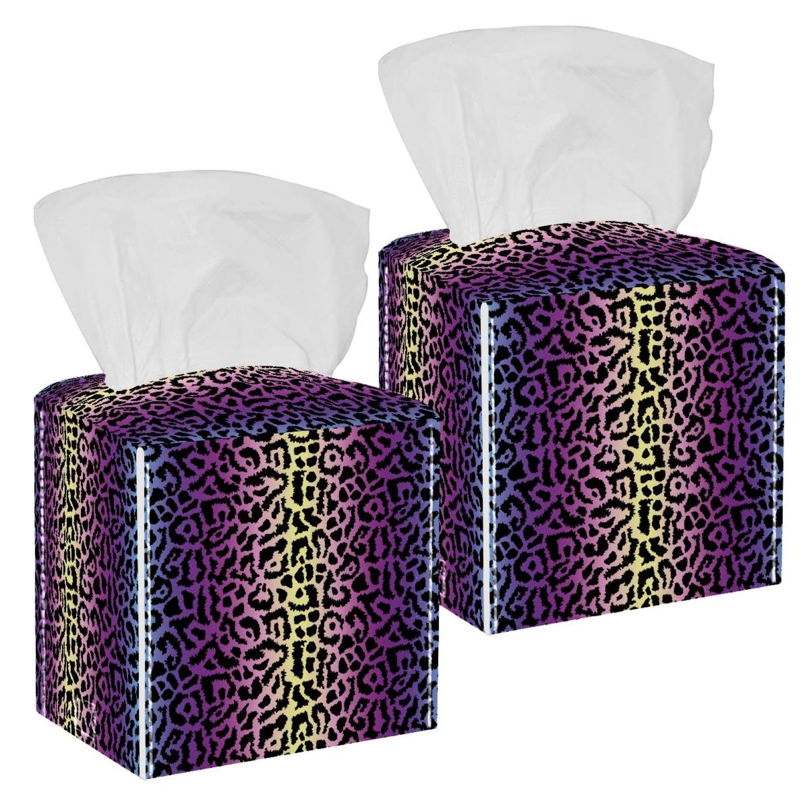 2 Pack Leopard Tissue Box Cover Holder Square Tissue Foldable Cube Cover PU Leather Tissue Organizer with Bottom Belt for Bathroom, Tabletop, Car, Night Stands, Office
