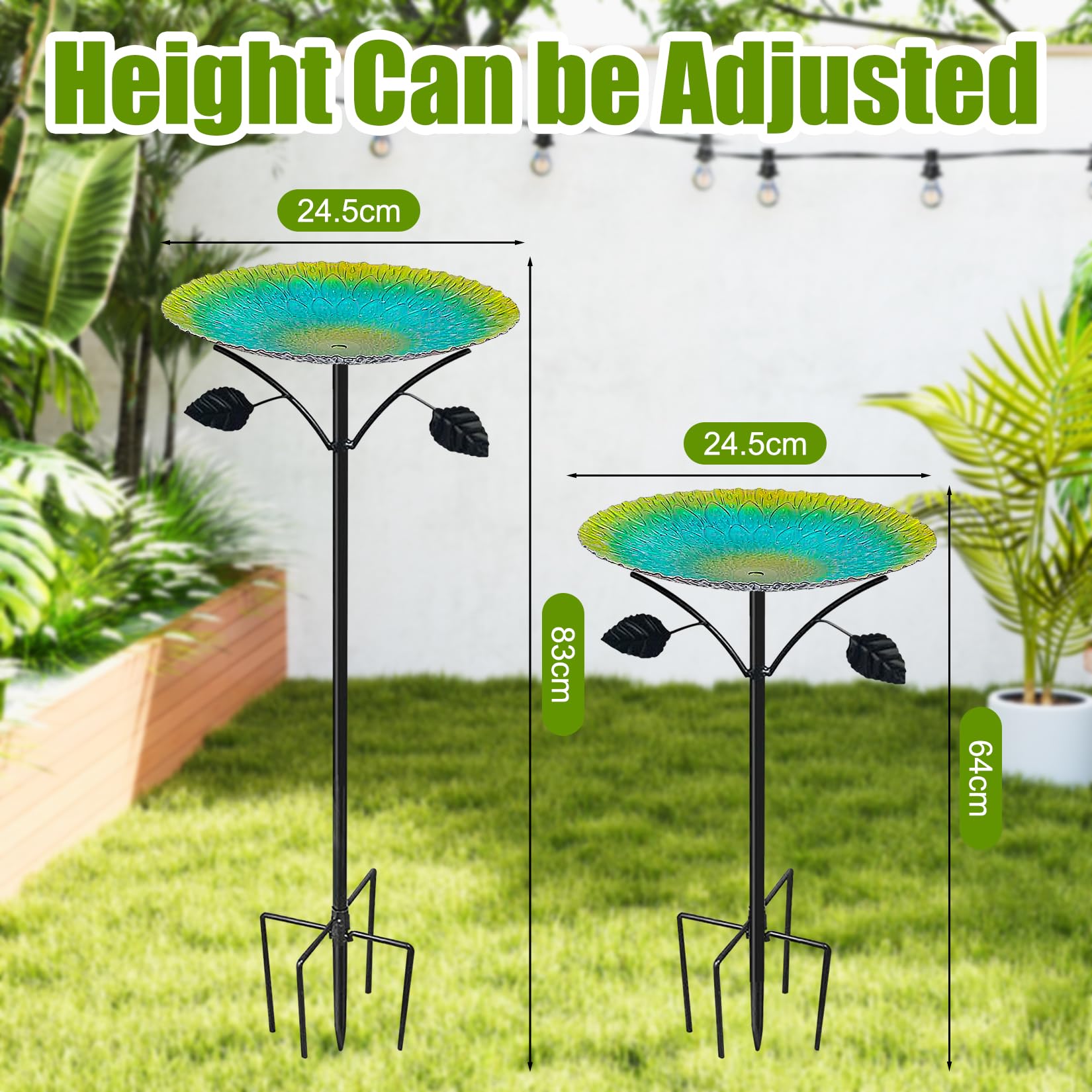 Forbabe Bird Bath Standing Large 24.5 x 83 cm Bird Bath Garden Standing Metal Water Bath for Birds, Green - Image 3