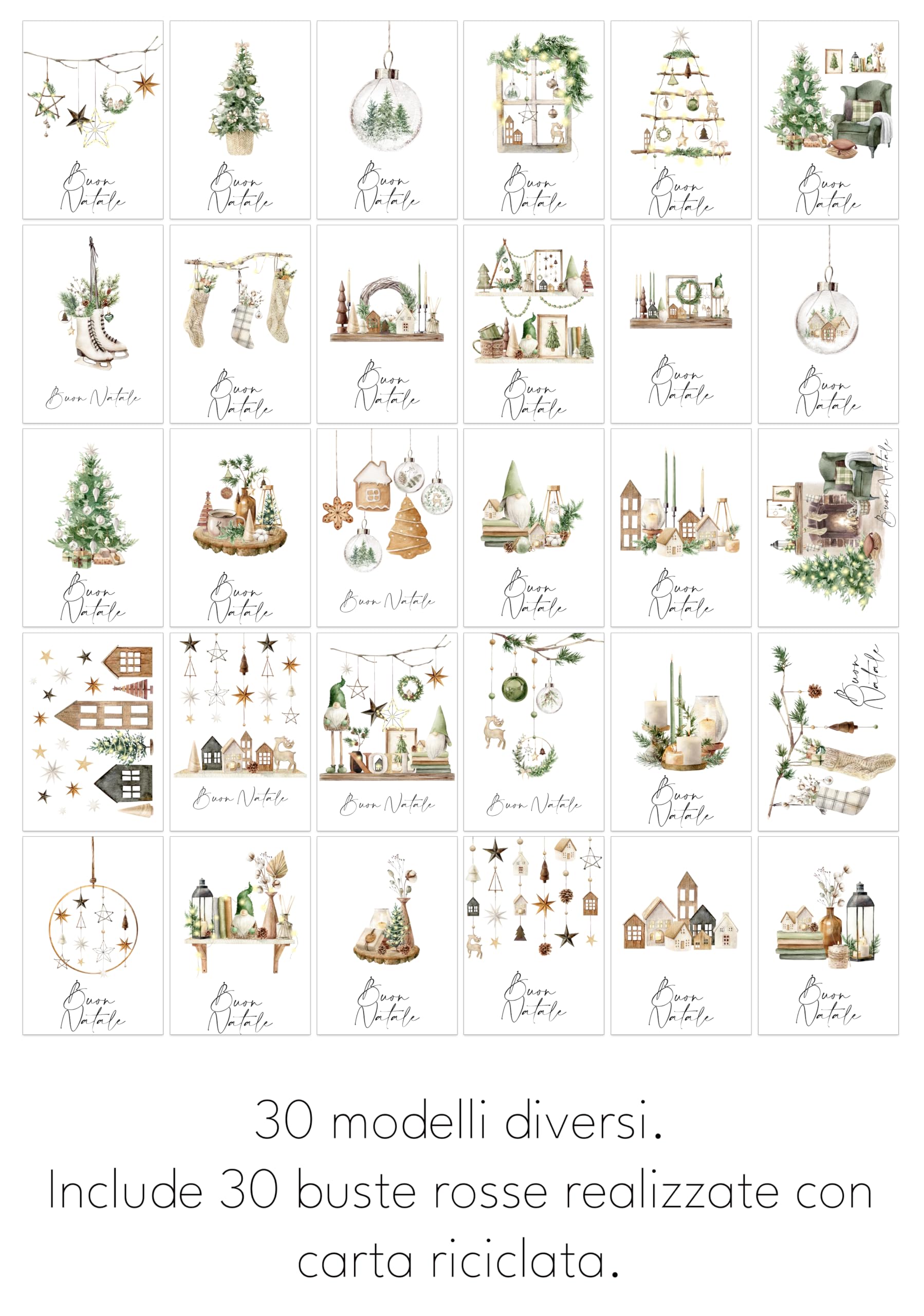 Biglietti natalizi italiani A6 con buste kraft riciclate – Set 30 pezzi