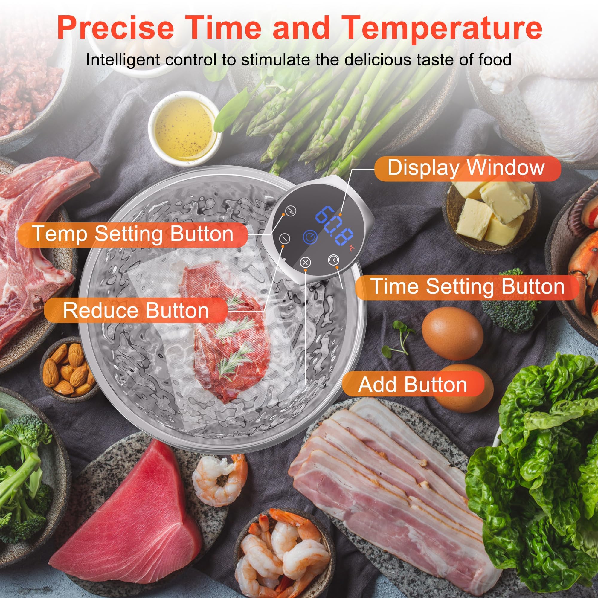 Sous-Vide Machine, 1400W Inmersión Térmica al Vacío con Control de la Temperatura, del Tiempo y Táctil, IPX7 Resistente al Agua, Pantalla LED, Cocedor al Baño María para Bistec y Carne