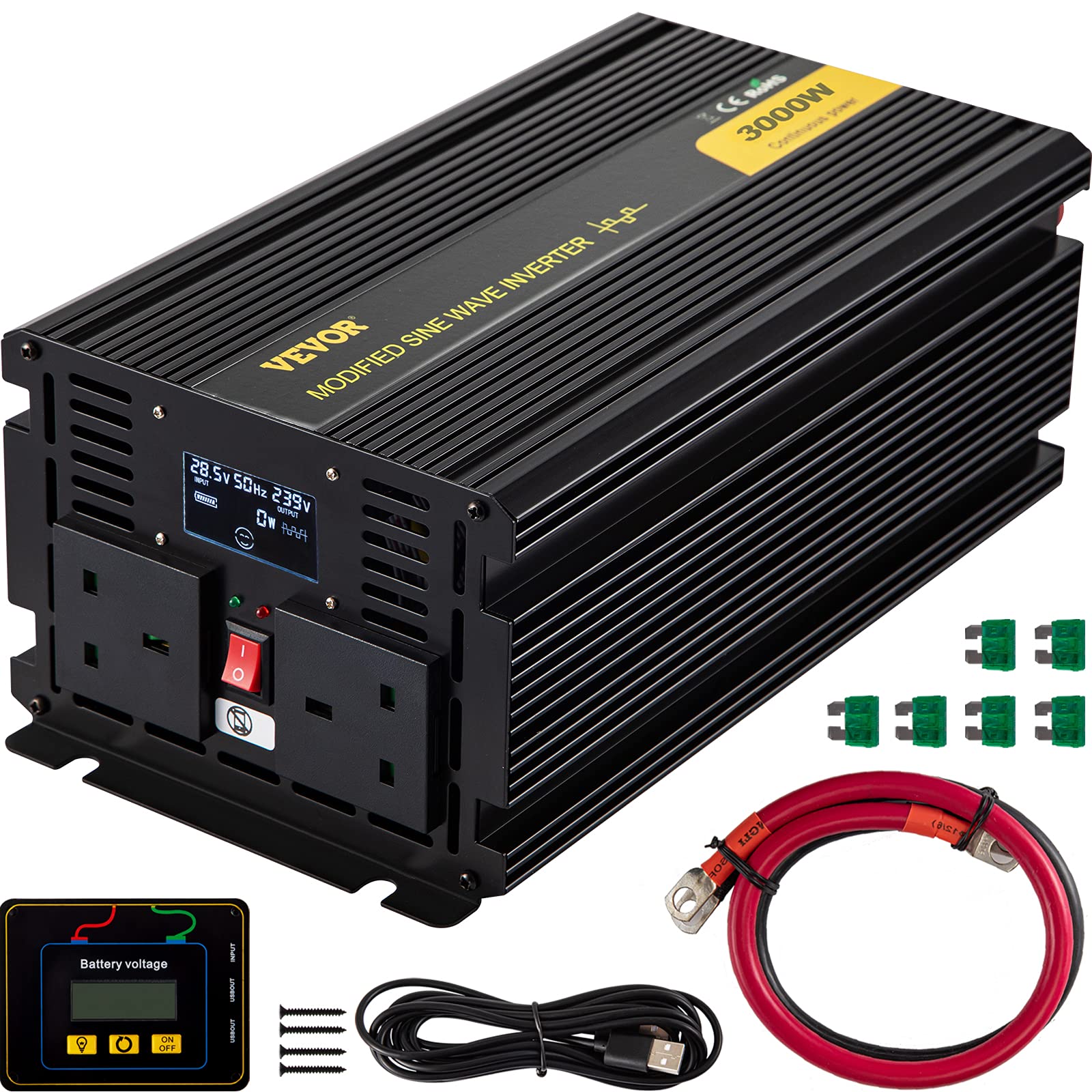 VEVOR 3000 W Reiner Sinus Wechselrichter Sinus Spannungswandler, DC 24 V AC 240 V Dauerleistung Inverter Stromumwandler, 330 x 167 x 120 mm, LCD-Fernbedienung, 0,15 A, LED-Anzeigen, 2 Batteriekabel