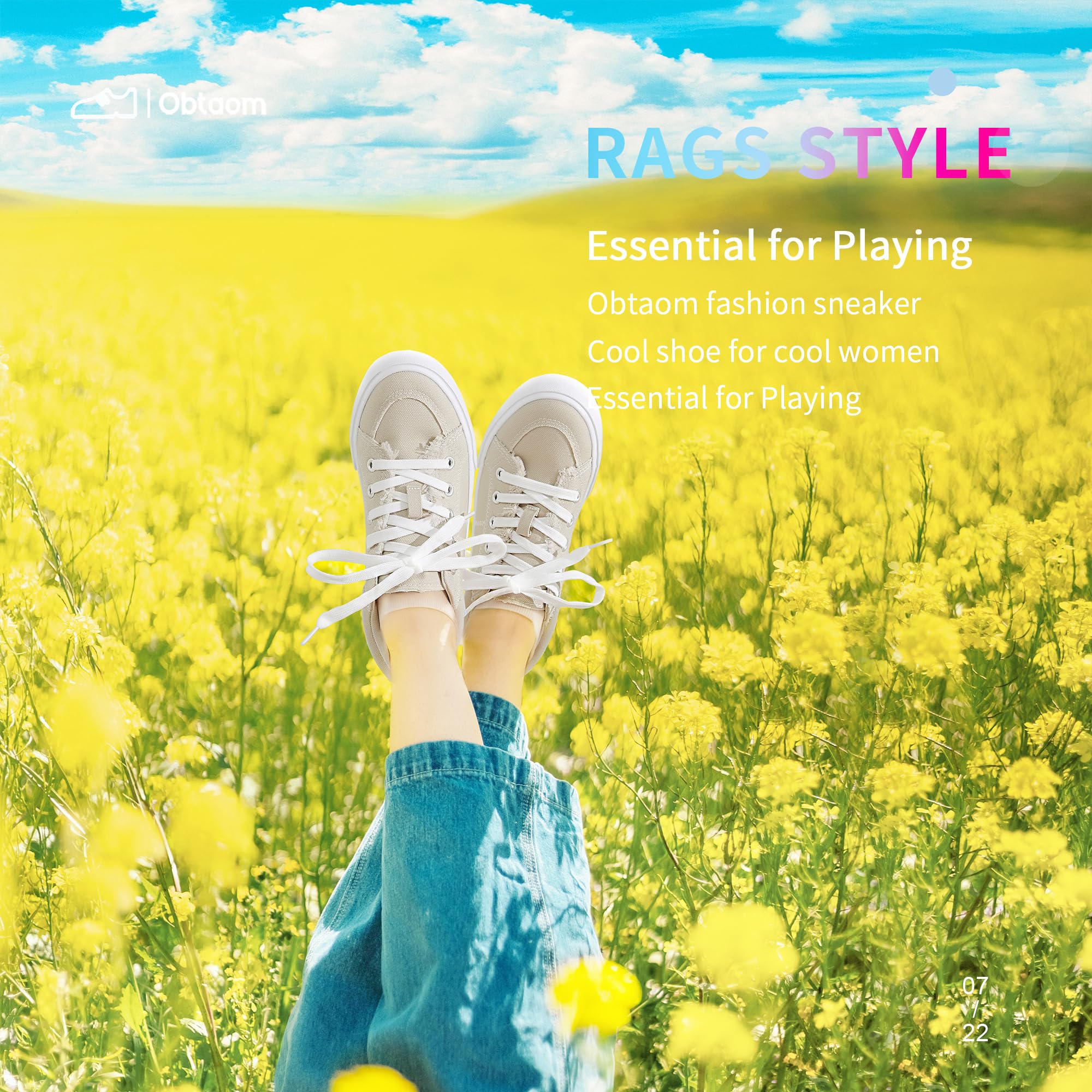 Obtaom Women's White Play Fashion Sneakers Cute Lace up Canvas Shoes Low Top Washed Canvas Flat for Lady