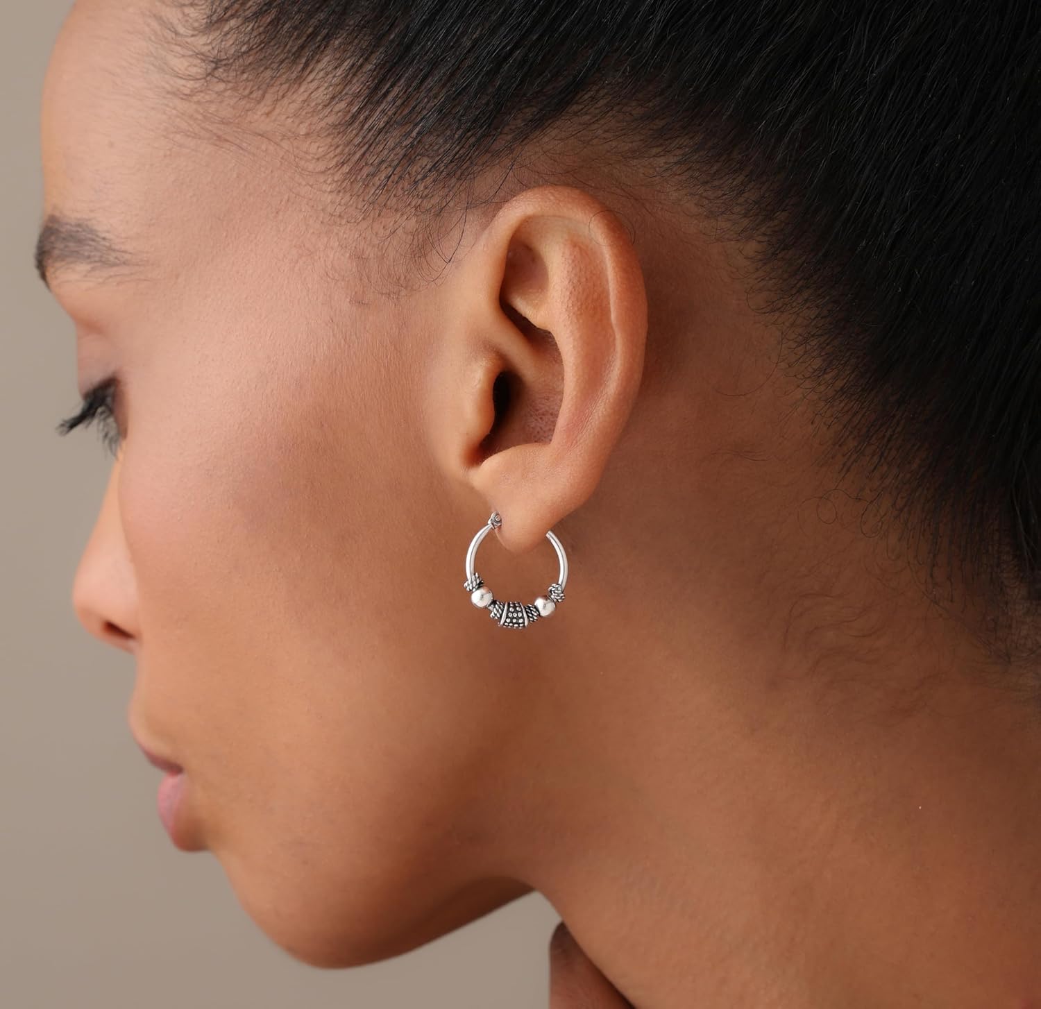 LeCalla 925 Sterling Silver Oxidized Balinese Hoops Earring Jewelry Small Antique Bali Beaded Hoop Earrings for Women