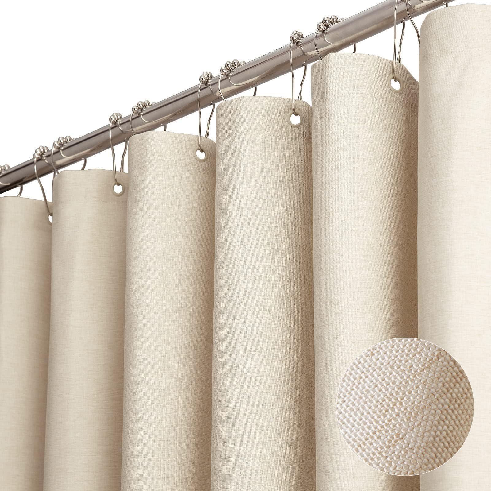 Shower Curtain, 180 x 200 cm, Beige, for Bathtub, Faux Linen Fabric, Waterproof, Washable, Bathroom Curtain with 12 Shower Curtain Rings, Shower Curtain for Bathtub and Shower