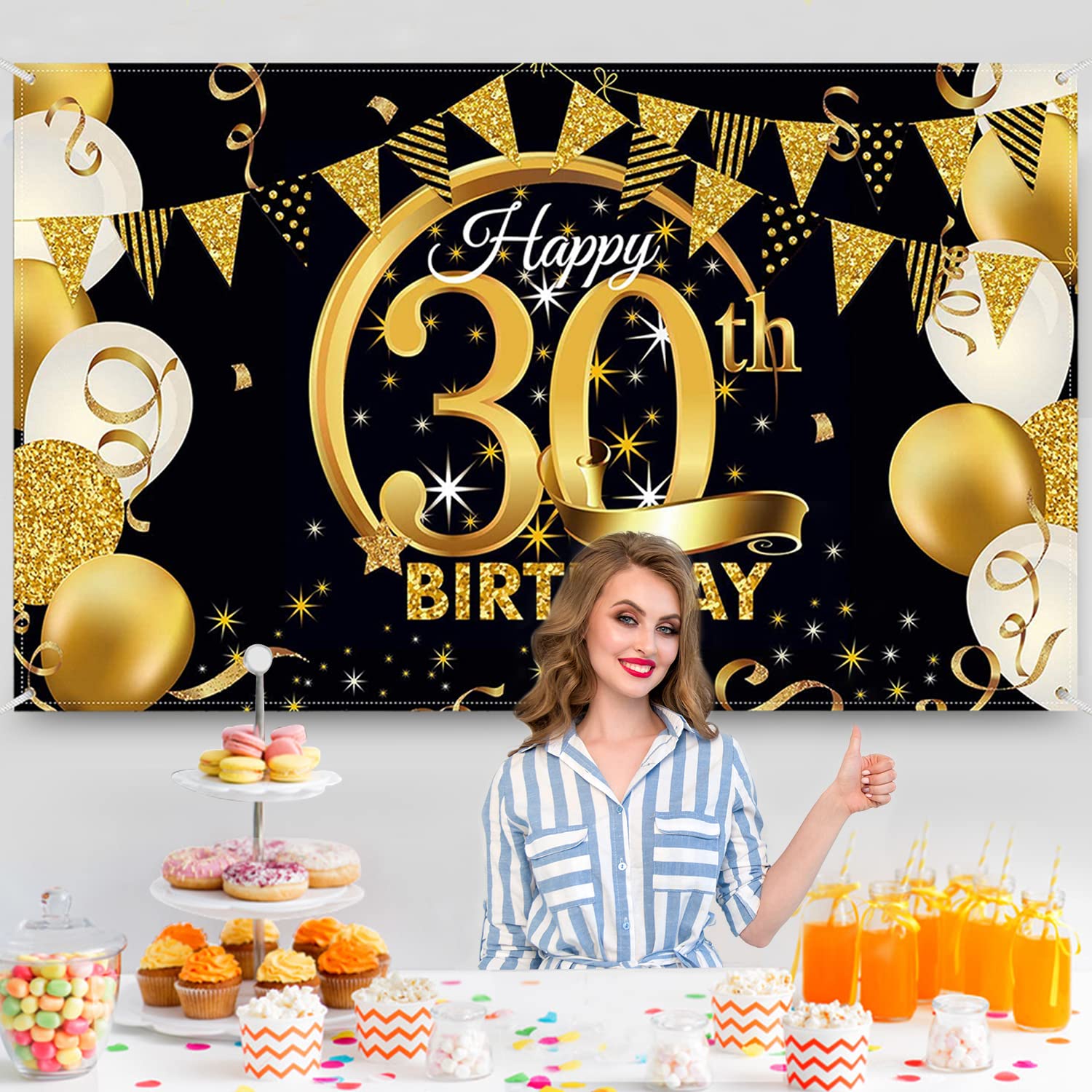 Banner Compleanno 30 Anni (1996-2026) In Poliestere 180x110 Cm, Oro E Nero, Decorazione Per Feste E Sfondo Foto