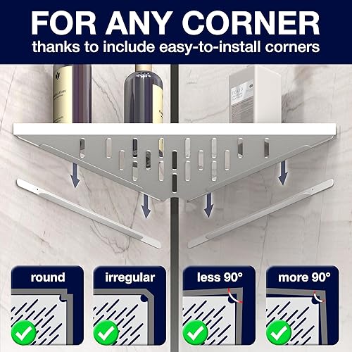 Miniatura 3 de Estante esquinero para ducha interior, adhesivo, palo, taladro, sin taladro, estantes flotantes de 14 pulgadas de esquina blanca para baño, pared de