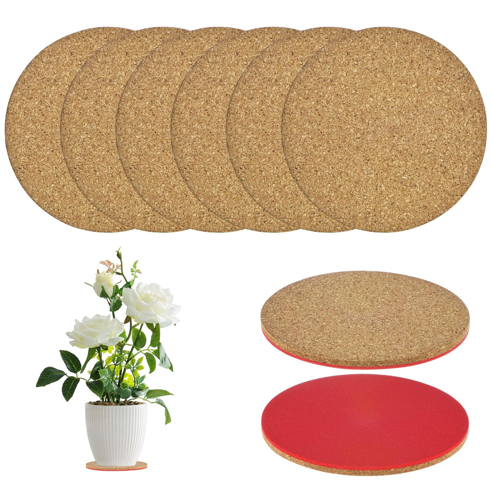 M METERXITY 6-Pack Cork Plant Coasters, 4 Inch Double Layers Hard Thick Cork Planter Coaster for Garden/Patio/Office/Kitchen/Courtyard/Indoor Outdoor/DIY Craft Project [Red, Wood Tone]