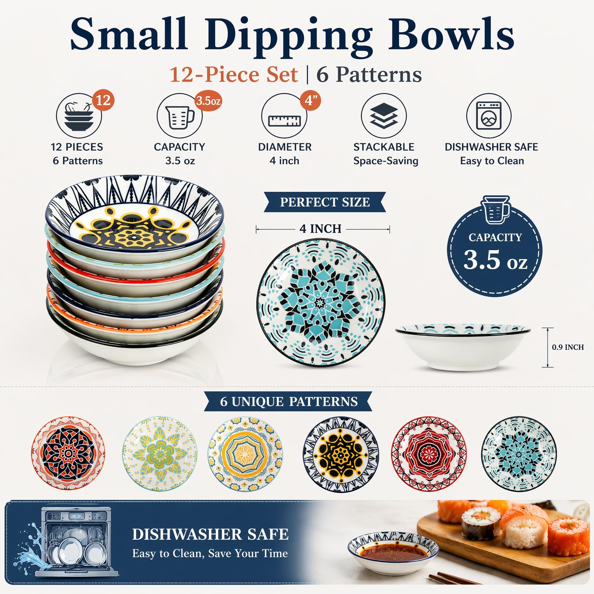 Cedilis Paquete de 12 cuencos de cerámica para salsa de soja, cuencos de 100 ml para preparación de cocina, plato pequeño de salsa de soja de sushi de 10 cm, cuenco de condimentos coloridos, cuencos