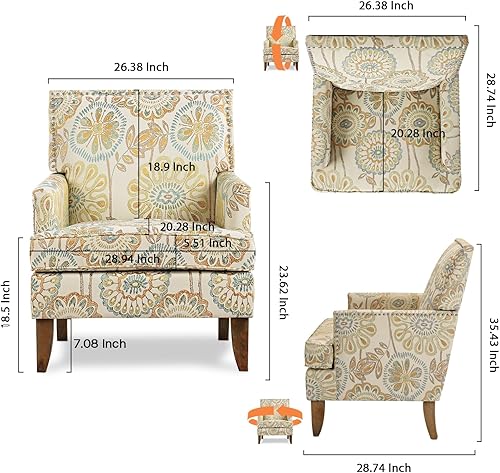 Miniatura 2 de Sofá con acento floral, silla con respaldo alado, cómoda silla de club, silla individual tapizada con brazos de lectura para sala de estar y Beige