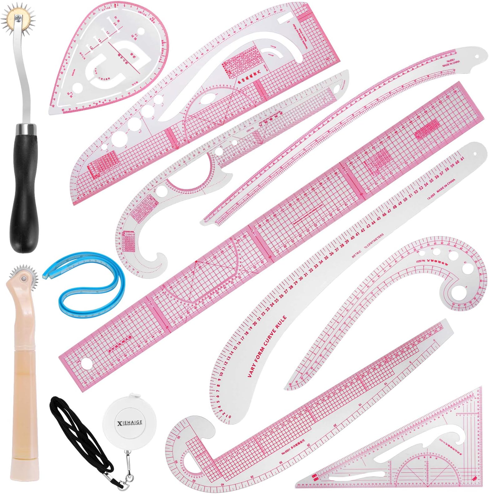 15PCS Sewing French Curve Ruler Set - Dress Makers Ruler Clear Sewing Tailors Pattern Making Ruler for Fashion Design and Guides for Fabric (English Language Mark on Rulers)