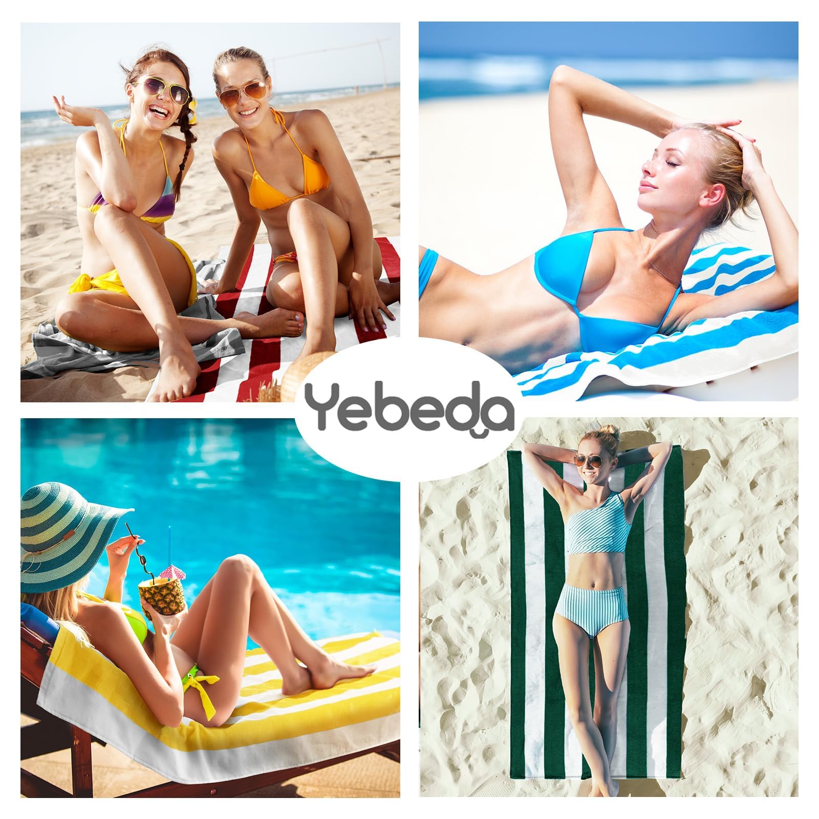 4er-Set Strandtuch 180x90 cm Große Strandtücher aus Baumwolle, Weiche und Saugfähige Badetuch Pooltuch Duschtuch mit Streifenmuster, Blau,Grün,Rot,Gelb