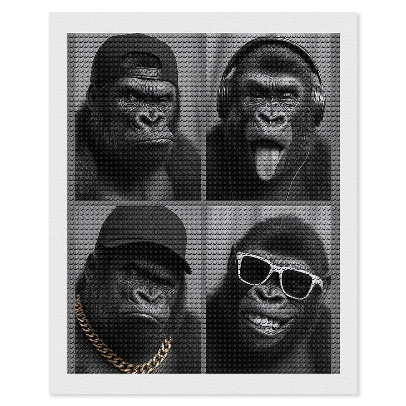 Junmoney Cool Gorillas Collage Diamond Painting Canvas Kit 16"x20", Round Gems, Living Room Decor, Seasonal Gift Choice, Modern Decor