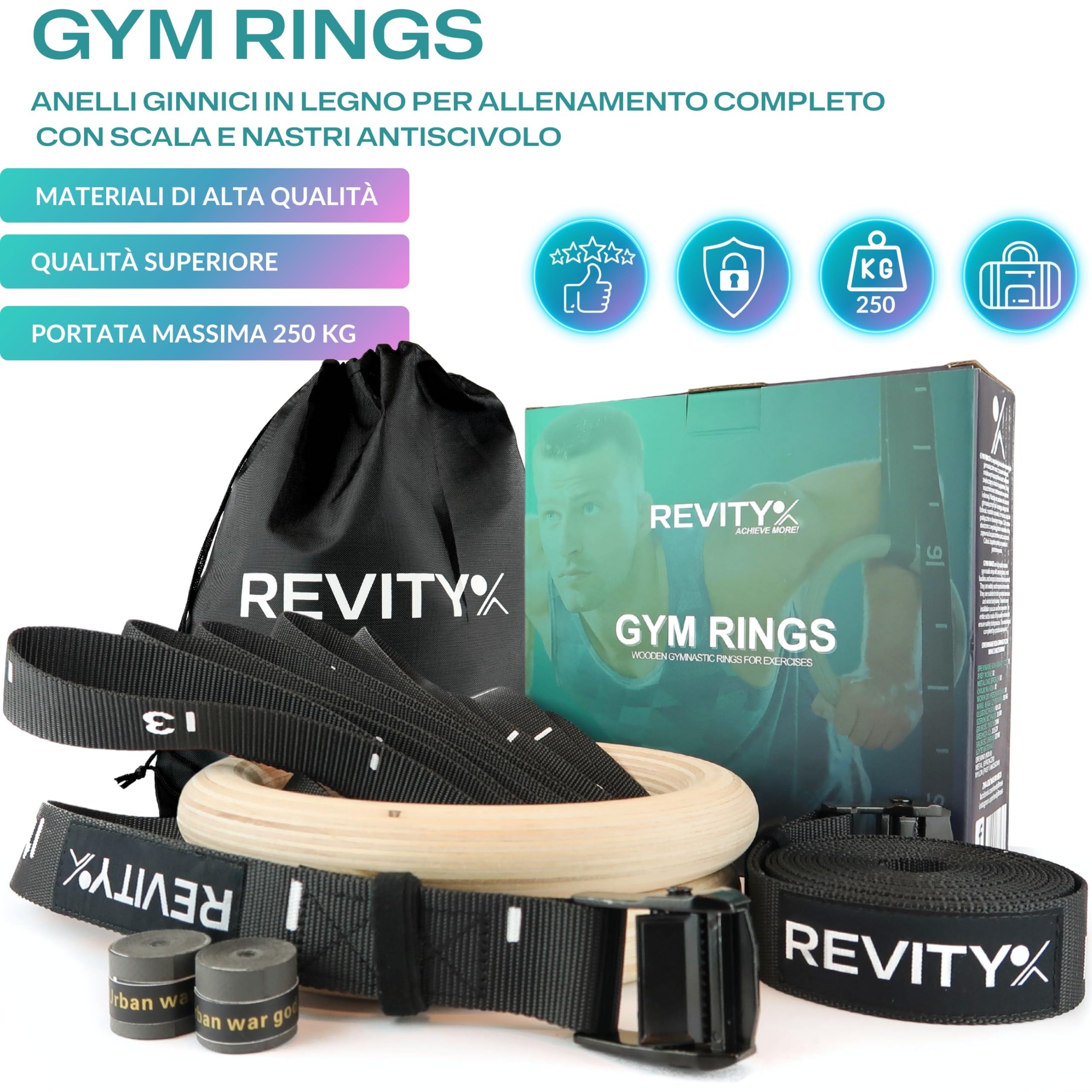 Anelli Calisthenics 32 mm - Anelli Ginnastica Legno per Crossfit e Palestra in Casa, Cinghie 450 x 3,8 cm con Marcature, Carico Massimo 250 kg, Nastri di Grip per Anello, Guida PDF