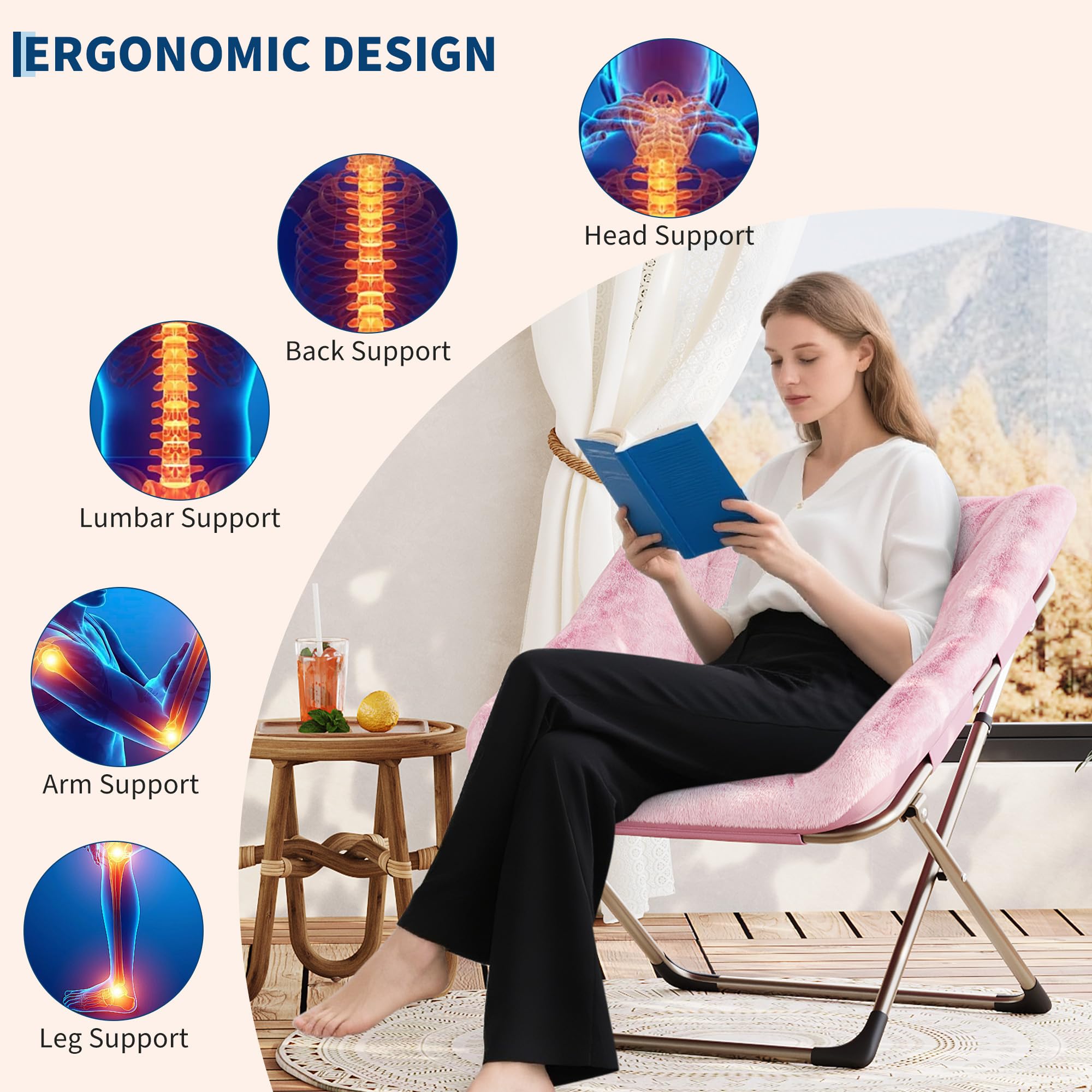 IdealHouse Fauteuil Lounge Pliant Rond en Fausse Fourrure Douce – Structure métal Robuste 300 kg – Ultra Confortable – Aucun Montage requis – Idéal pour Chambre, Salon, dortoir, Fauteuil Lecture ou