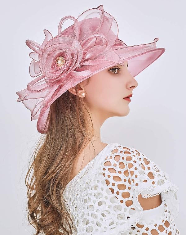ELLYDOOR Women Derby Fascinator Hats Organza Church Wedding Hat Wide Brim Cocktail Tea Party Hat Pink by ELLYDOOR - Image 4