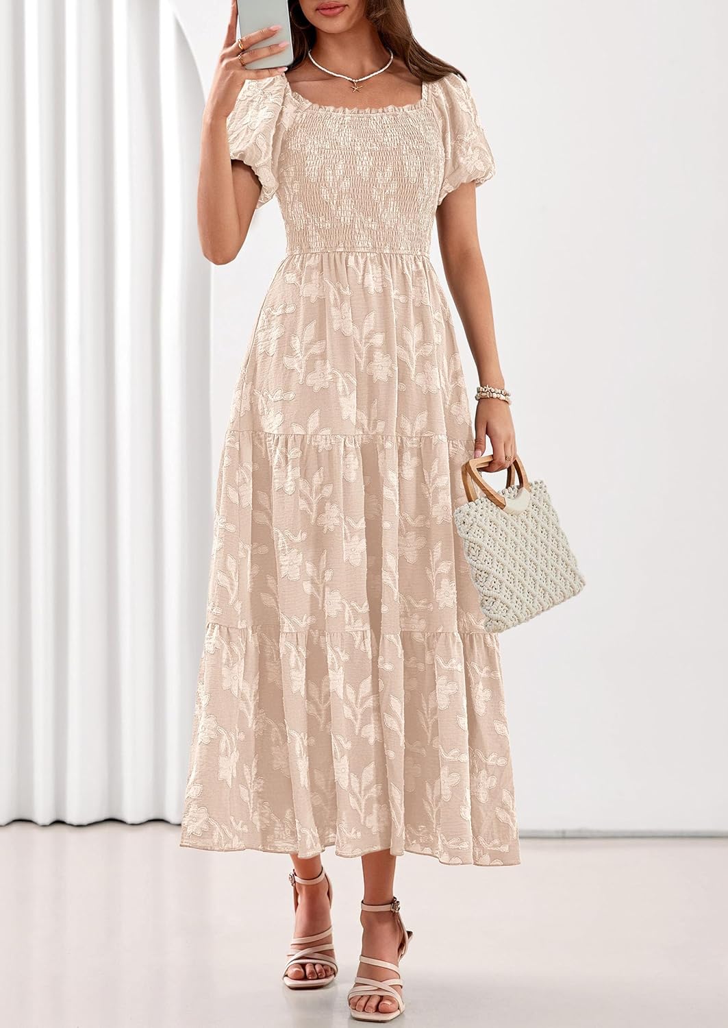 PRETTYGARDEN Women's 2026 Summer Boho Maxi Dresses Floral Short Sleeve Square Neck Smocked Flowy Long Dress Vacation Outfits - Image 2