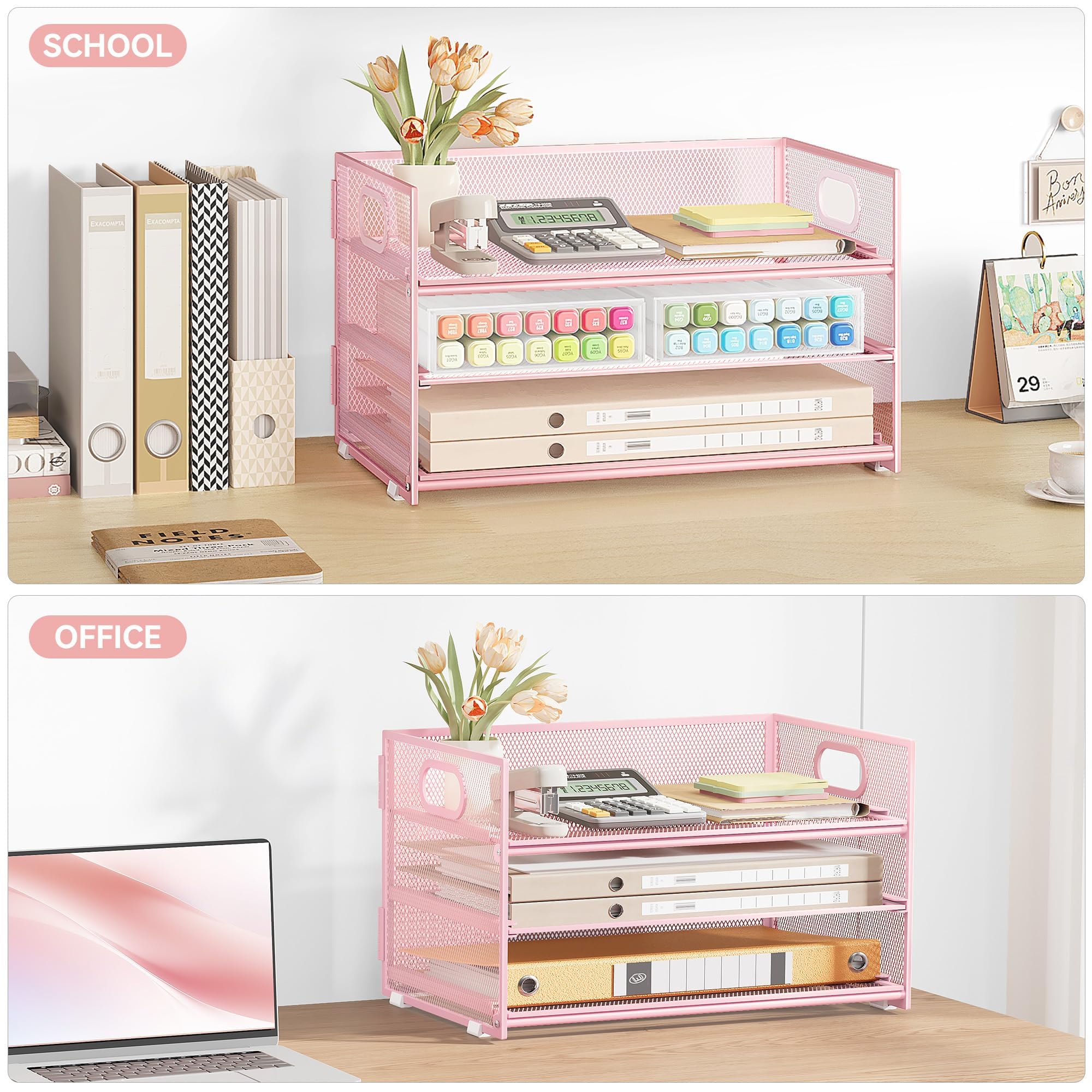 VITVITI Organiseur de Bureau 3 Étages avec Poignée, Pochette A4, Rangement Treillis Métallique Rose