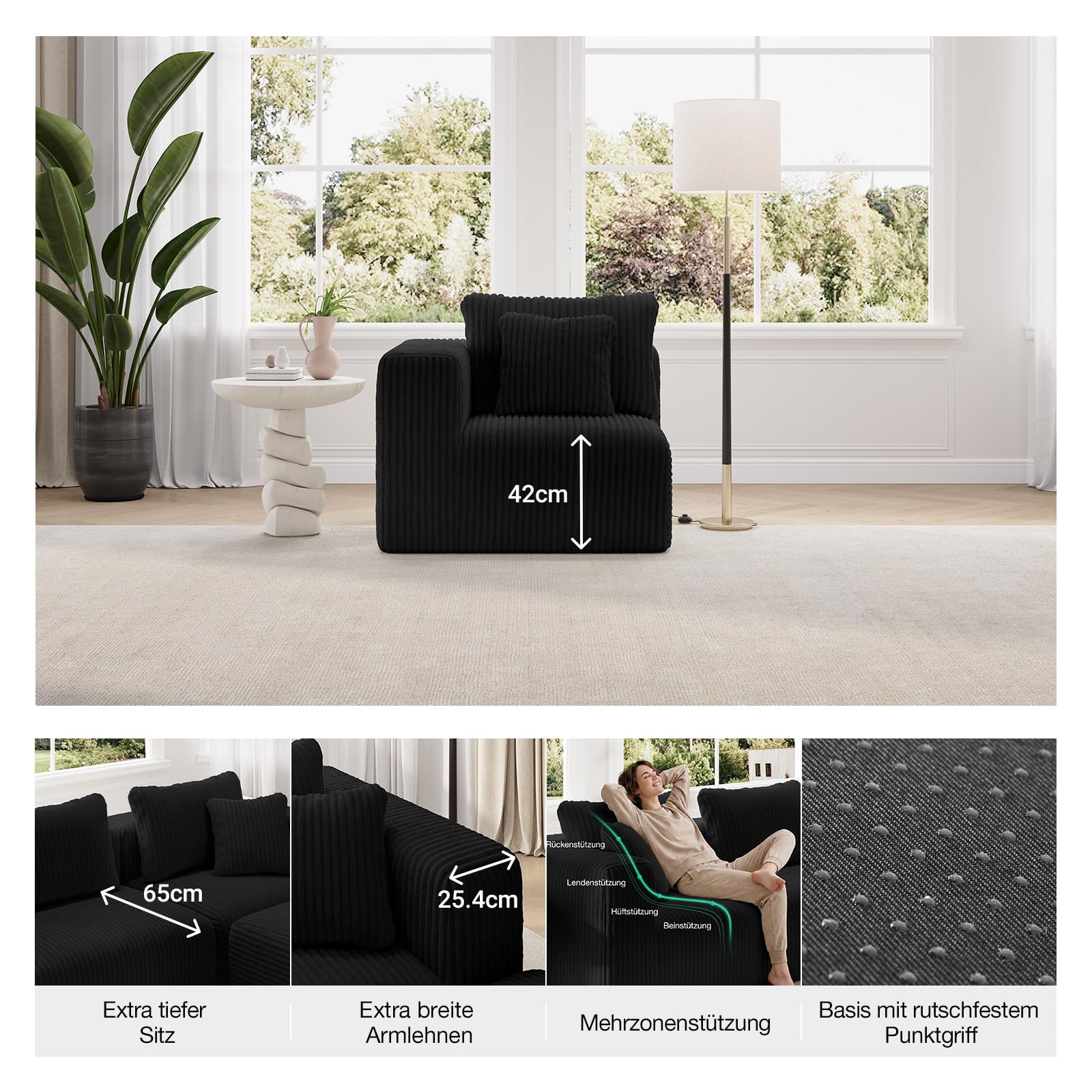 Novilla 90x90x65 cm Sofá Modular con Brazo Izquierdo en Terciopelo | Muelles Ensacados Smarts Coil®, Sin Montaje, Terciopelo Acanalado, 2 Cojines, 90x90x65 cm