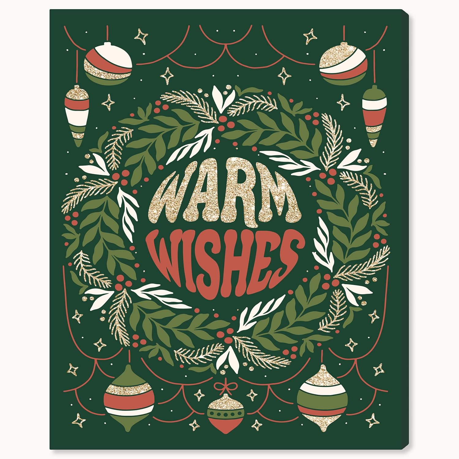 Wynwood Studio Holiday and Seasonal Contemporary Wrapped Canvas Art - Warm Wishes Decor, Wall Art for Living Room, Bedroom, and Bathroom, 30" x 36", Green and Gold Home Decor