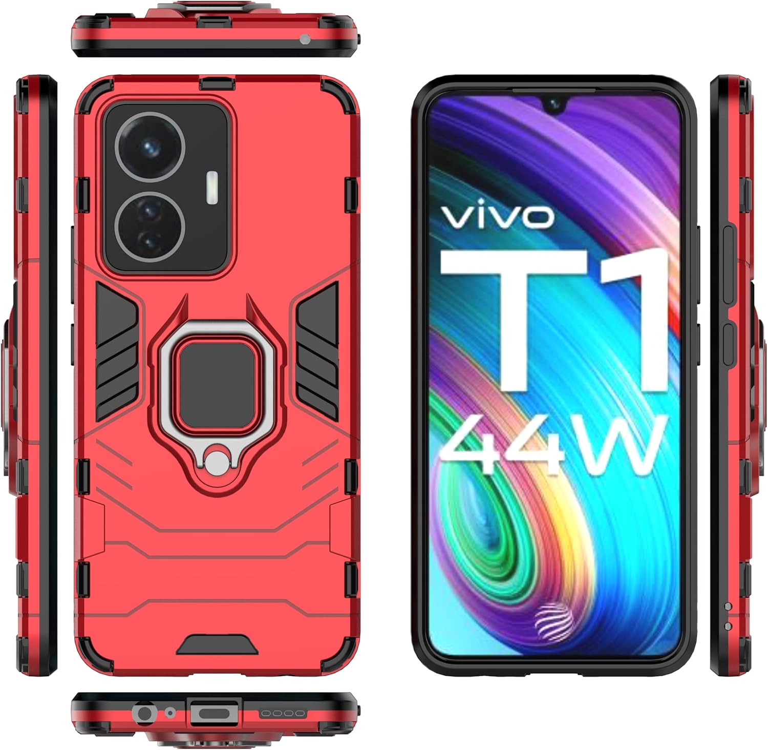 Case for Vivo Y55 4G Case Cover,Case for Vivo T1 44W 4G Case Cover,Bracket Shell Case for Vivo iQOO Z6 44W 2022 I2206 / T1 4G V2153 / Y55 4G Case Red
