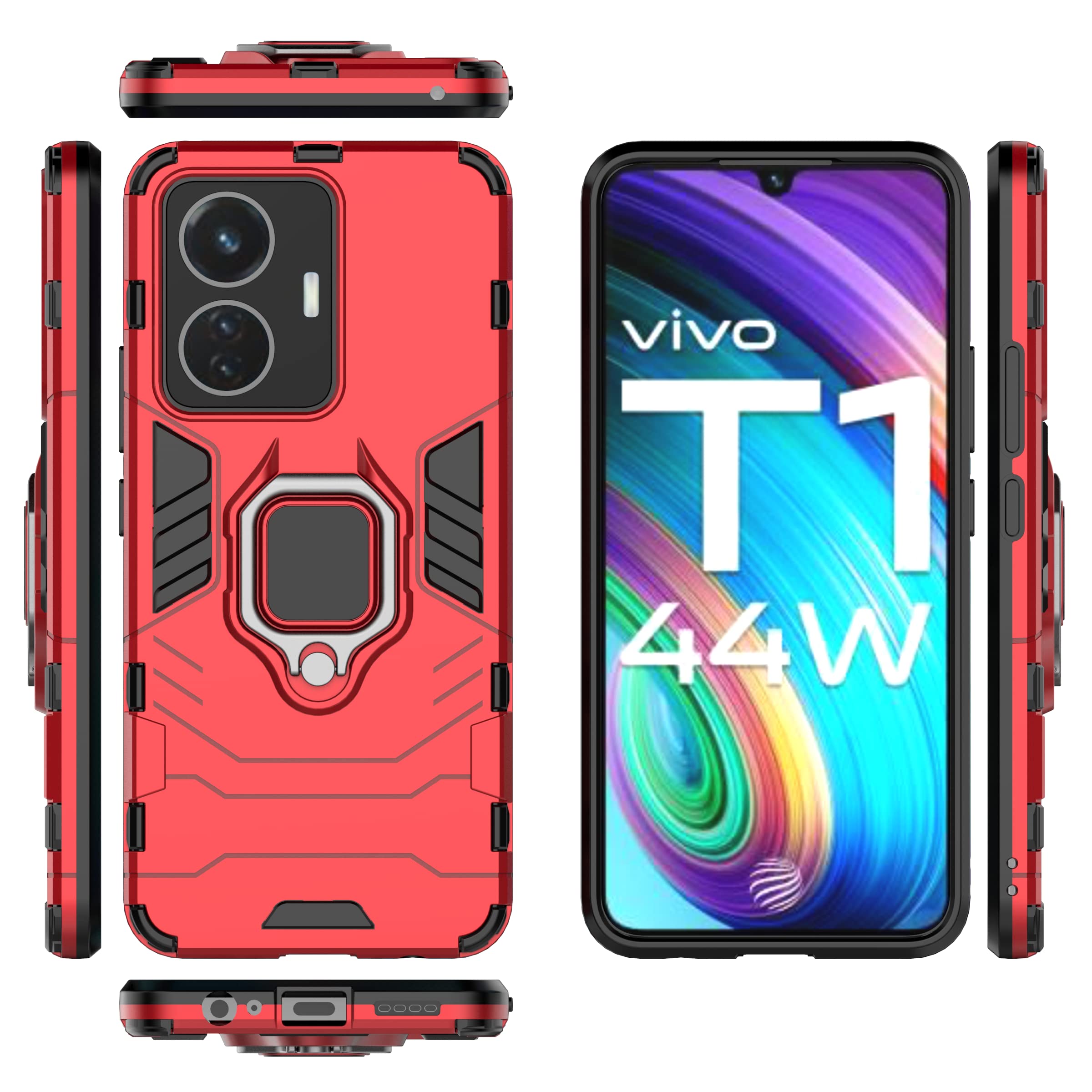 Compatible with Vivo T1 (Snapdragon 680) Case,Compatible with Vivo iQOO Z6 44W / Vivo Y55 Case Ring Stand 2 in 1 Phone Case Cover Red