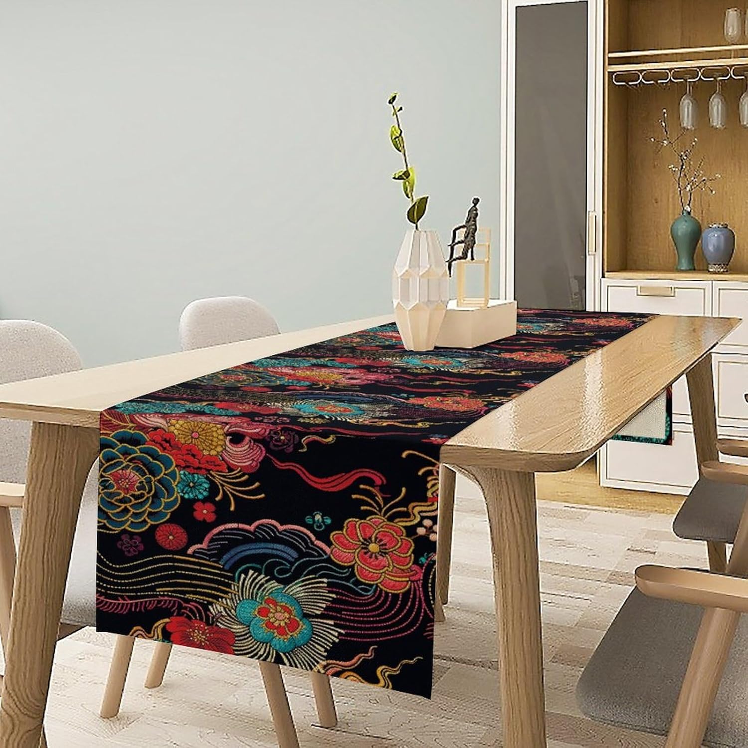 Chinese Embroidery Printing Table Runner, Floral Colorful Abstract Peony Table Runner for Bedroom Living Room Kitchen Home, 13x108 Inch