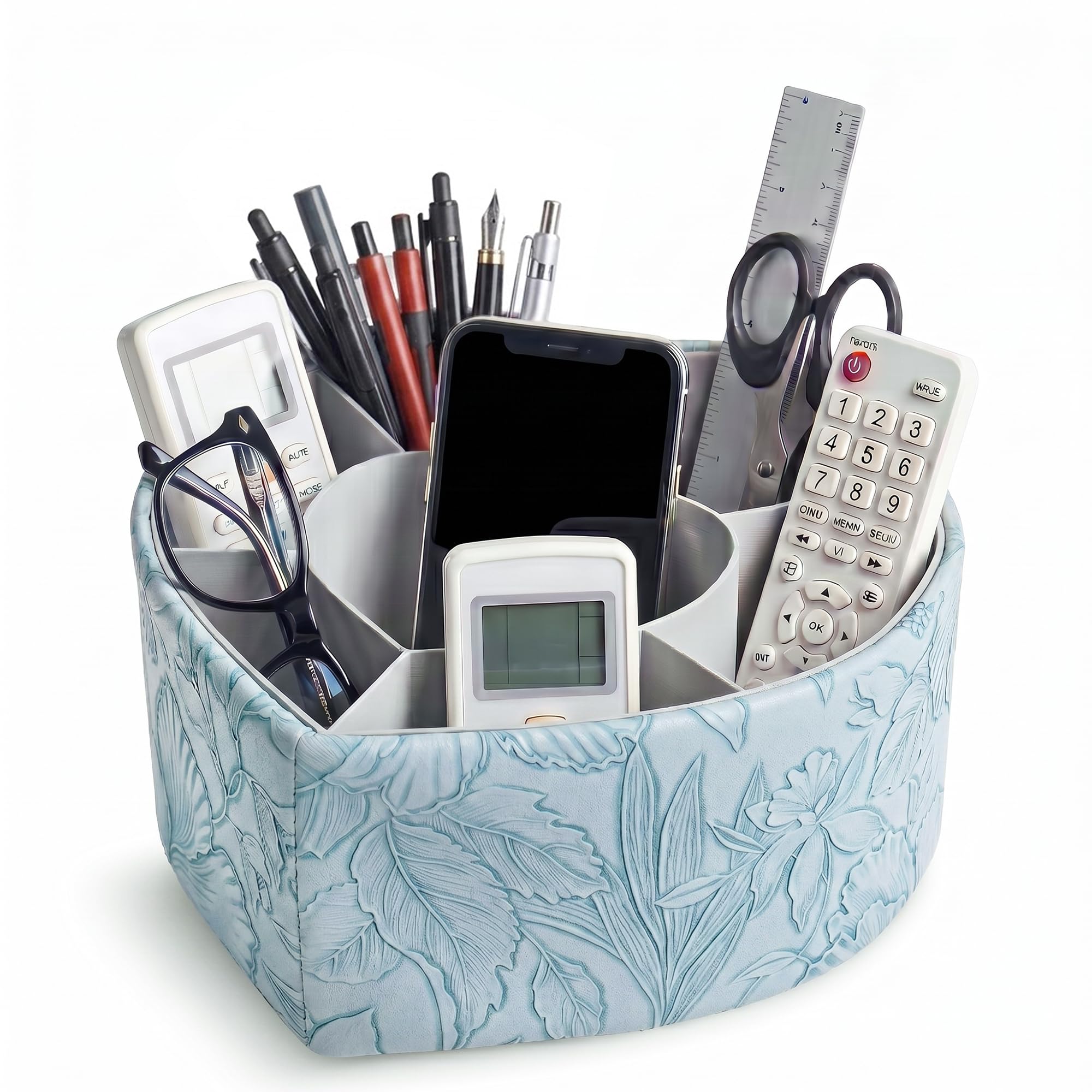 Czzmy Heart Shaped Leather Art Supply Organizer,Remote Control Holder,360 Degree Spinning,Multi-Functional Pencil Holder,7 Compartments Desktop Stationary Organizer(1-Heart Blue) โ image 1