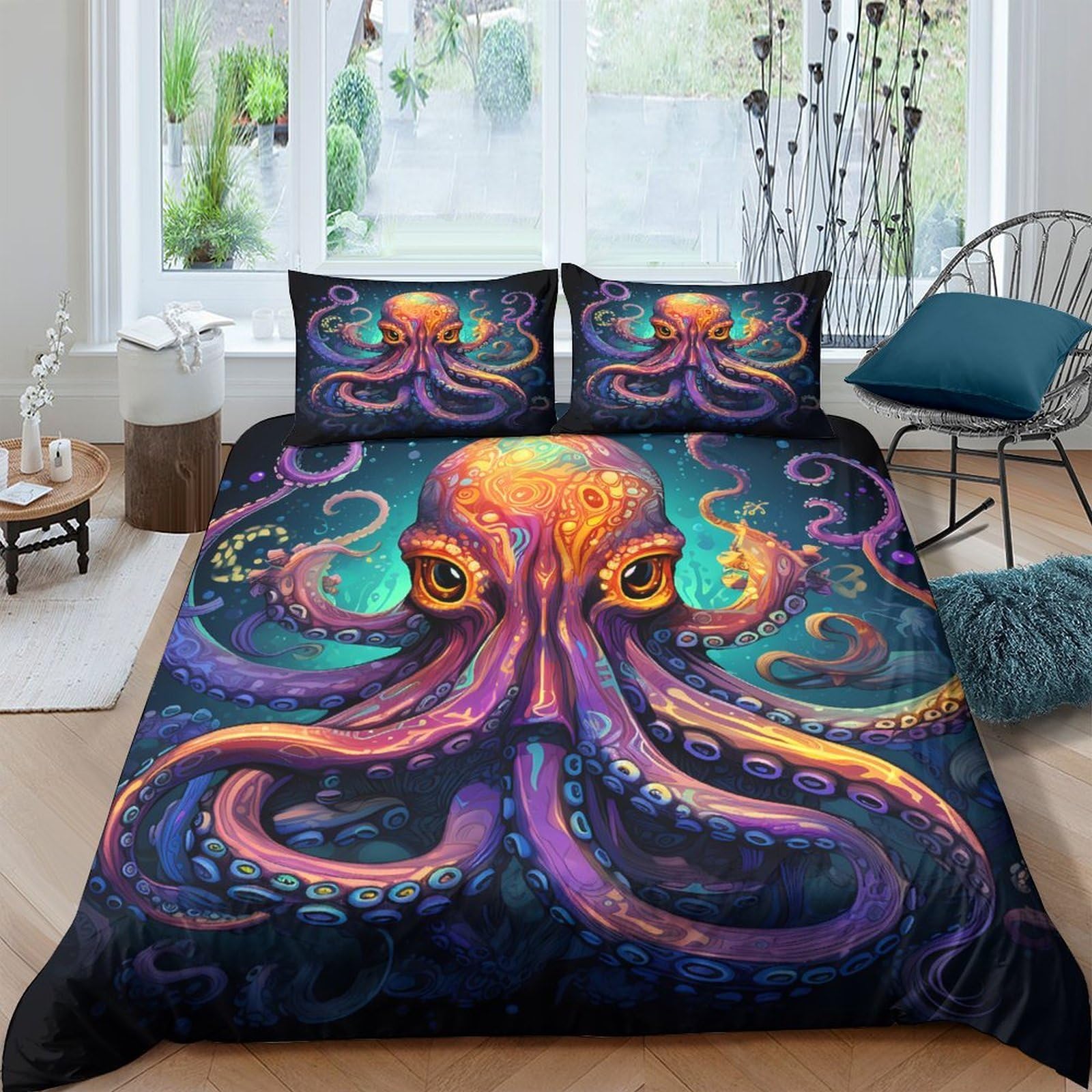 Ctjqhvkz Style-1 3D Printed Octopus Ocean Fitted Sheet Microfiber Soft Slip-Resistant Deep Sea Bed Cover For Bedroom Dorm Décor Single（135X200cm）