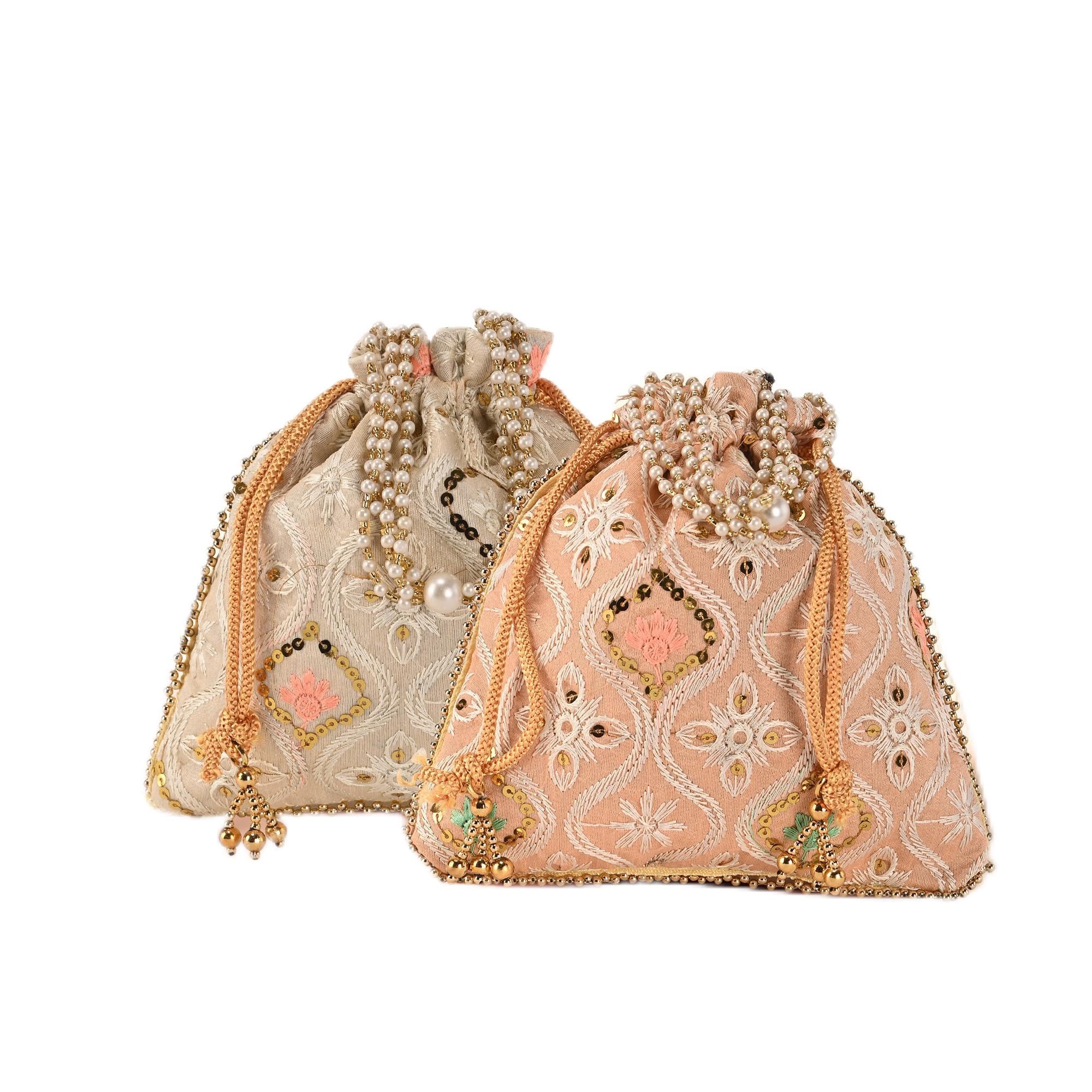 Kuber Industries 2 Pcs Embroidery Potli Bags for Women with Pearl Handle & Drawstring | Indian Ethnic Potli Bags for Ladies for Wedding | Wrist Handbag Purse Batwa | Lakhnavi Print - Cream & Peach