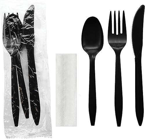 Party Essentials Paquetes de cubiertos de plástico envueltos individualmente, tenedorcucharacuchilloservilleta, 100 juegos