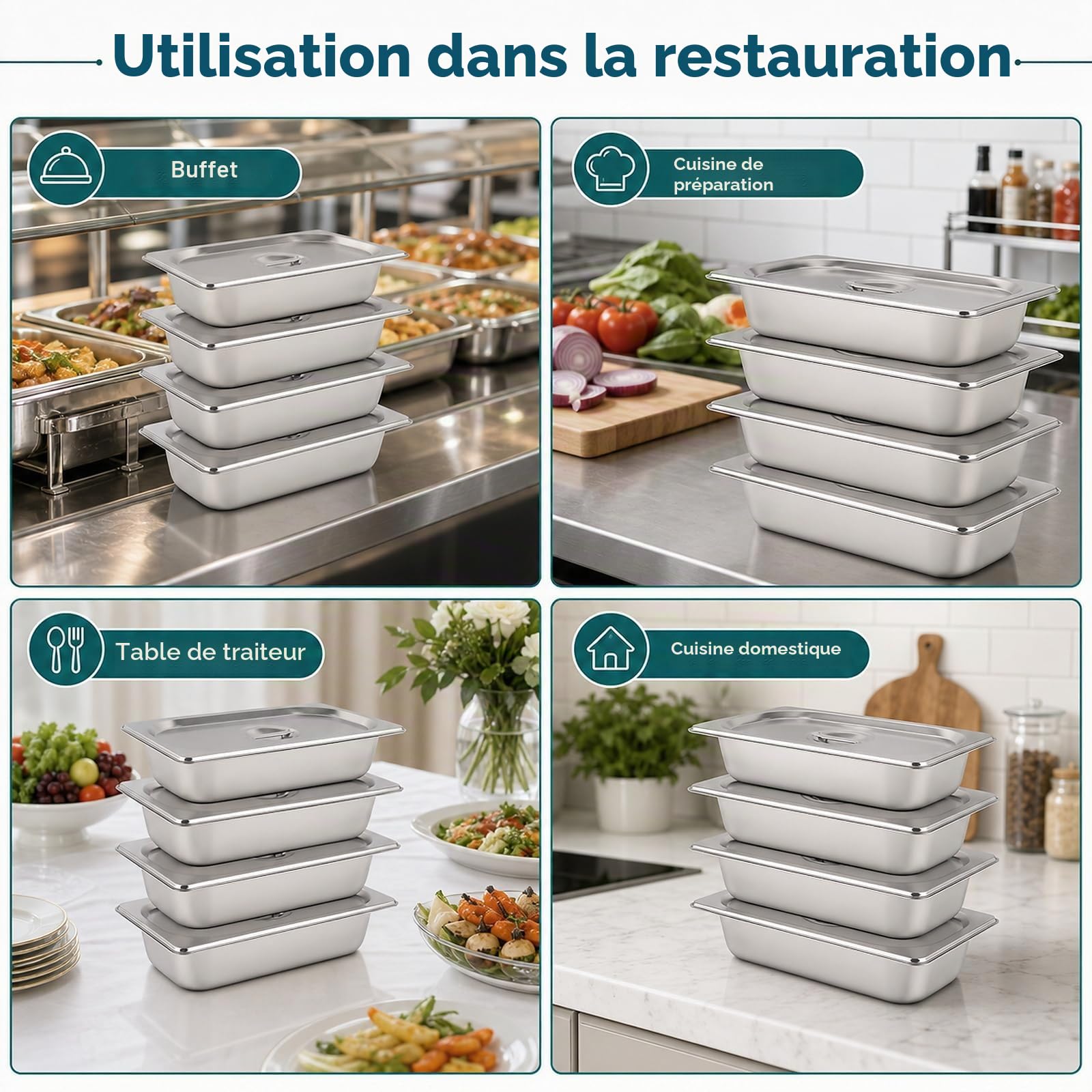 WOPPLXY Lot de 4 Plat Inox avec Couvercle, GN 1/3 Bac Inox avec Couvercle, 32,5 x 17,5 x 6,5 cm Bac Inoxs Alimentaire pour des Fours à Convection, des Bain-Maries, des Chafing Dishes