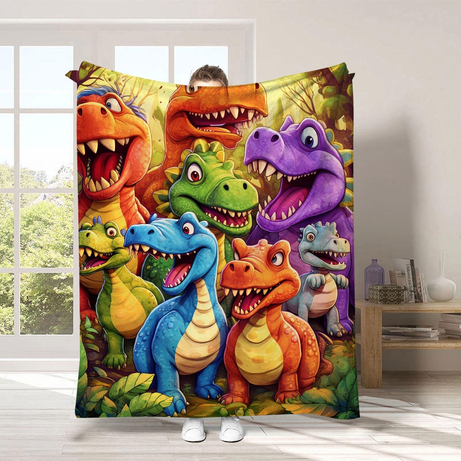 Manta de franela con dinosaurios sonrientes en impresión HD de 130x100 cm colorida