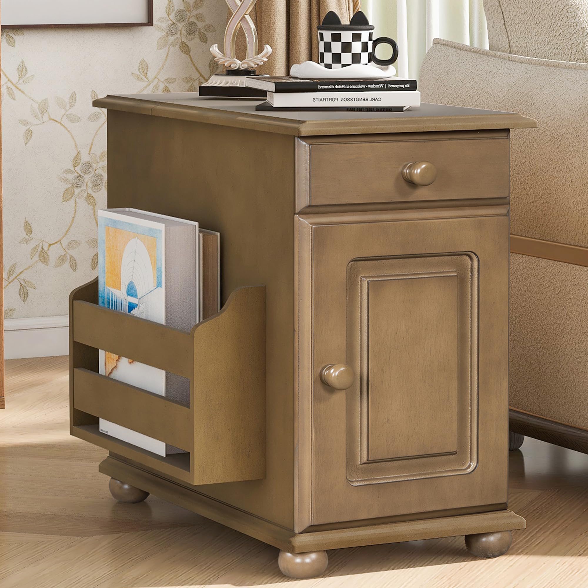 Vintage End Table with Charging Station, Modern Classic Couch Chair Side Table Nightstand with Storage Cabinet & Drawer for Living Room Bedroom, Brown