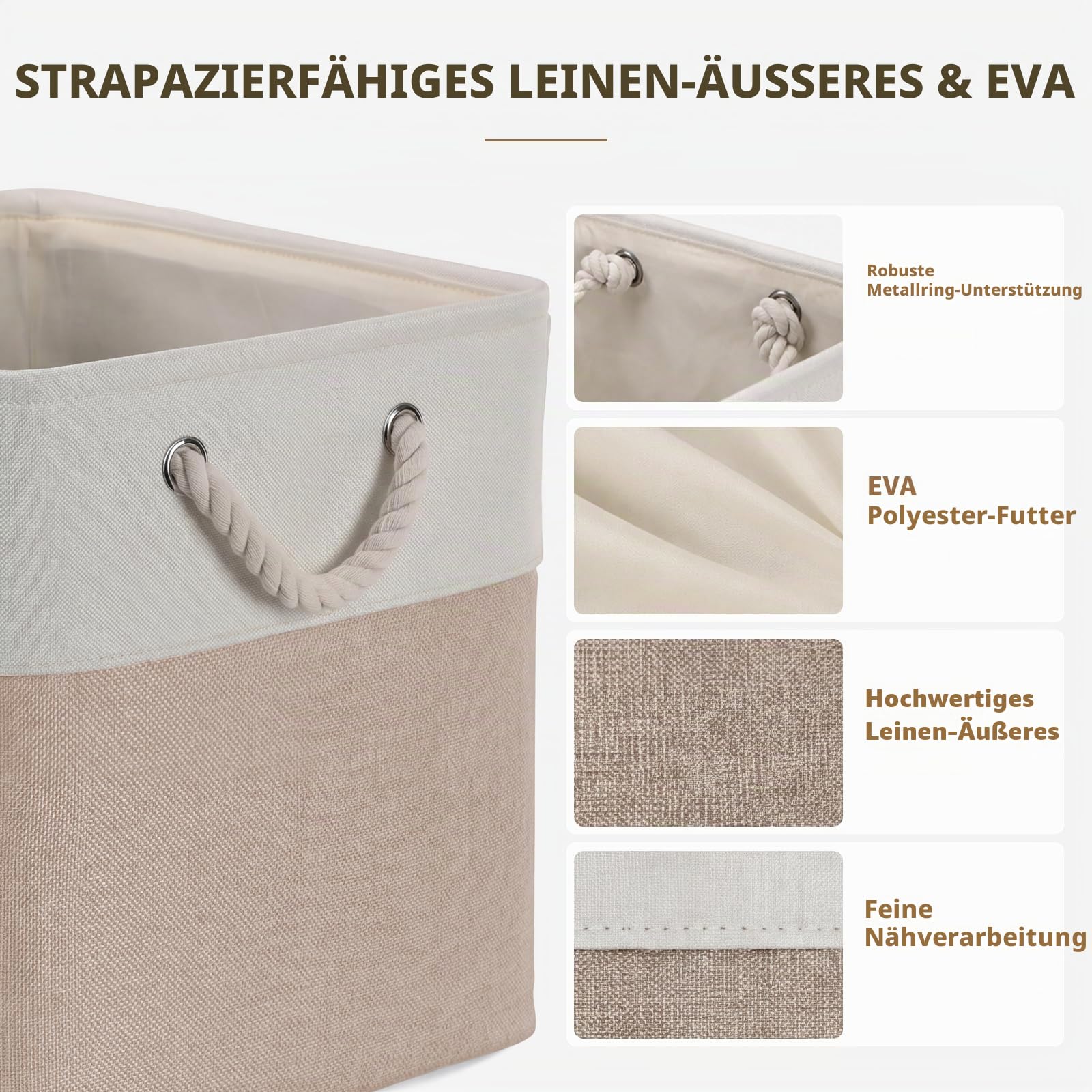 33×38cm Aufbewahrungsbox,Aufbewahrungskorb aus Stoff mit Tragegriffen,6 Stück faltbare Aufbewahrungskörbe,Geeignet für Bad,Schlafzimmer,Büro,Arbeitszimmer und Kinderzimmer(Weiß & Beige)