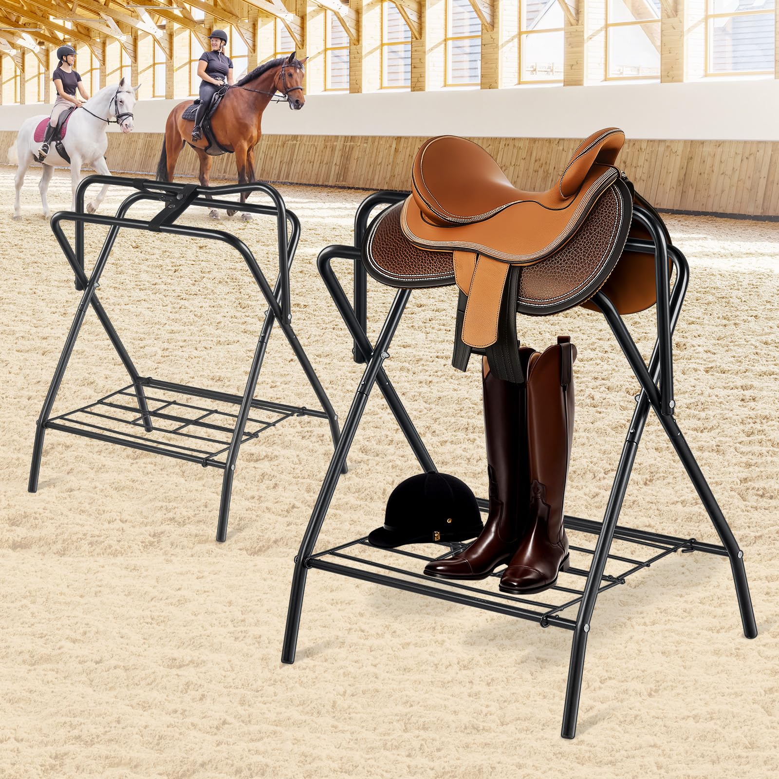 VEVOR Supporto per Sella Pieghevole, Supporto per Sella per Cavallo Indipendente in Acciaio, Supporto per Coperta per Selle Inglesi e Western, Deposito per Finimenti, 2 Pezzi Nero 711 x 482 x 952 mm